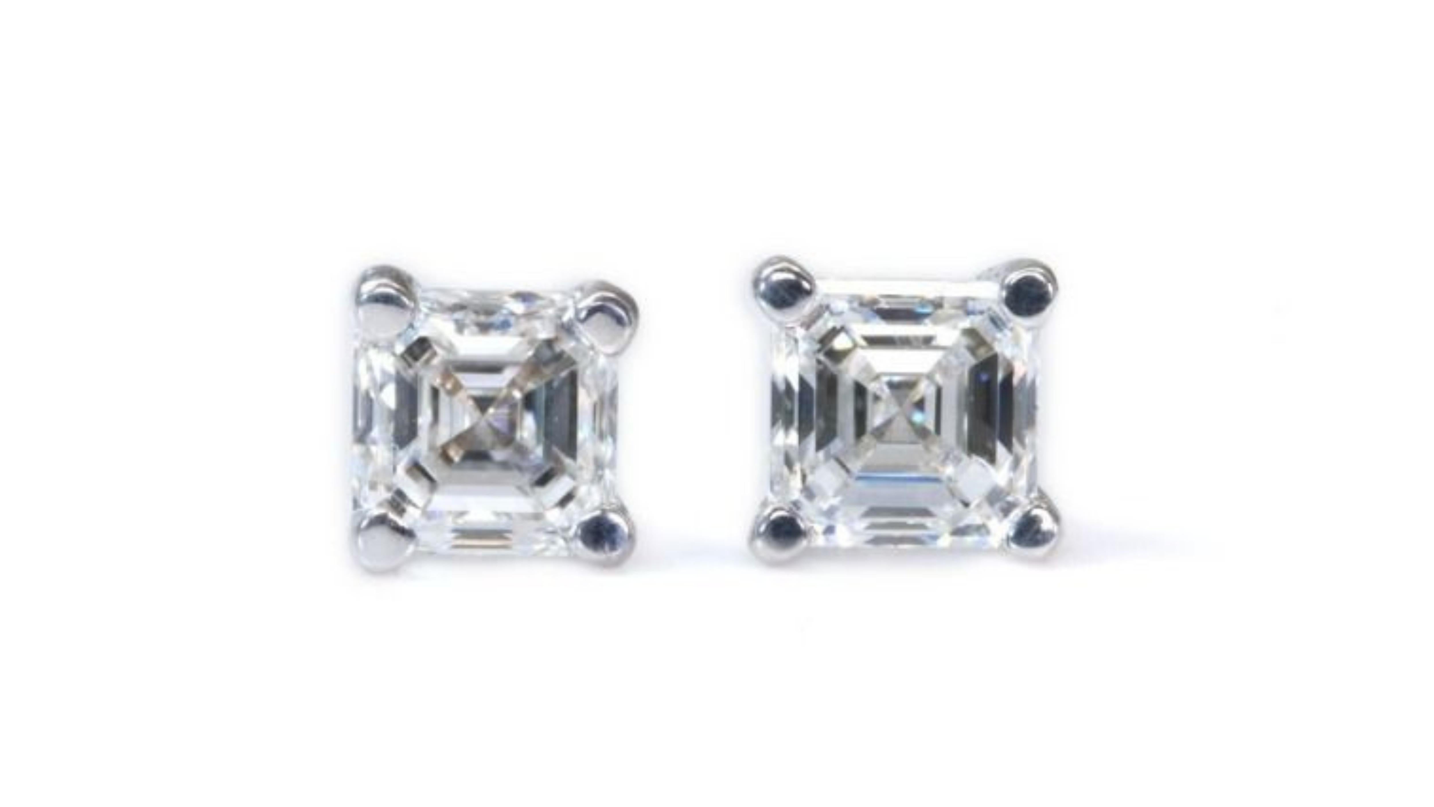 Women's Classic 18k  White Gold Stud Earrings with 1.41 ct. Asccher Cut Natural Diamond For Sale