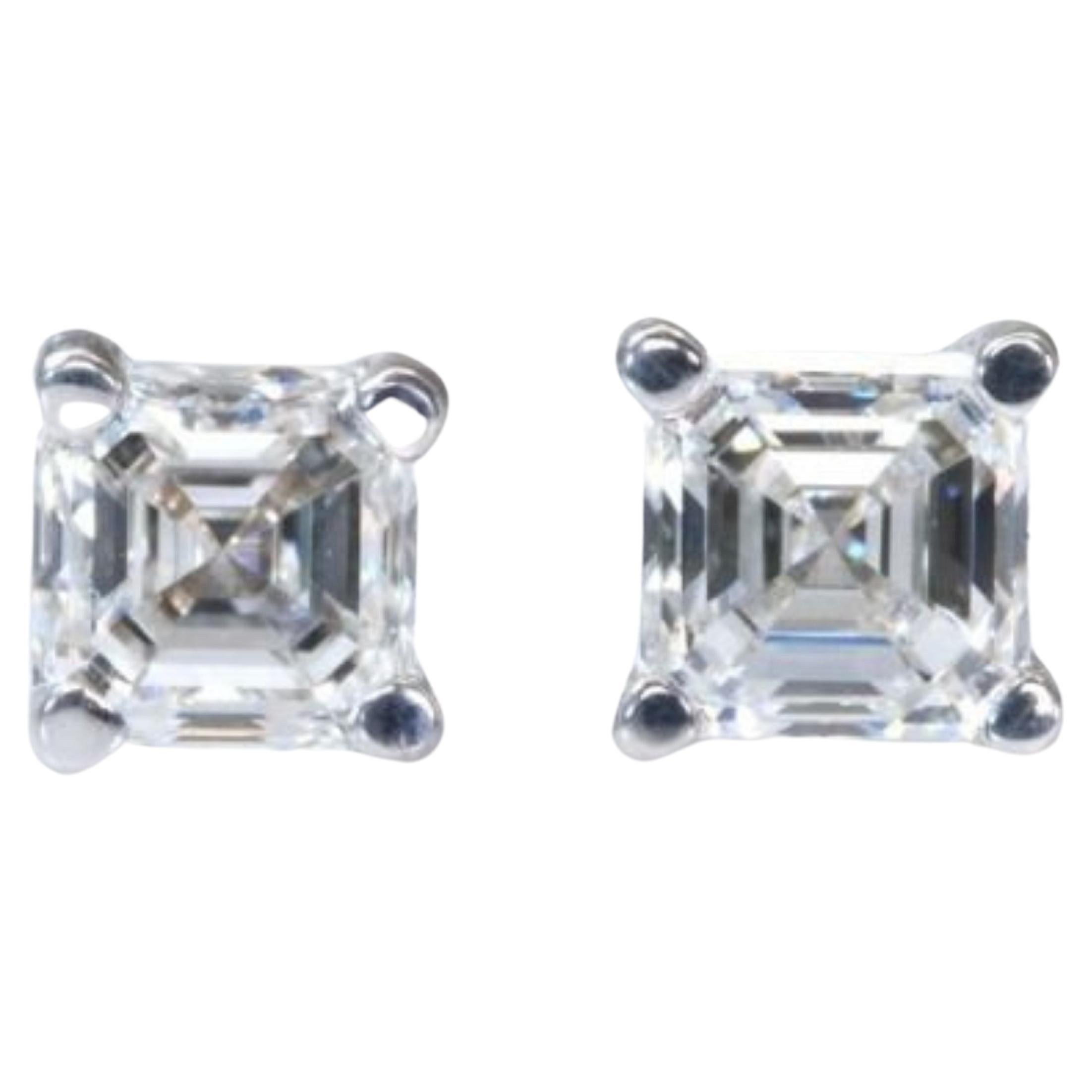 Classic 18k  White Gold Stud Earrings with 1.41 ct. Asccher Cut Natural Diamond For Sale