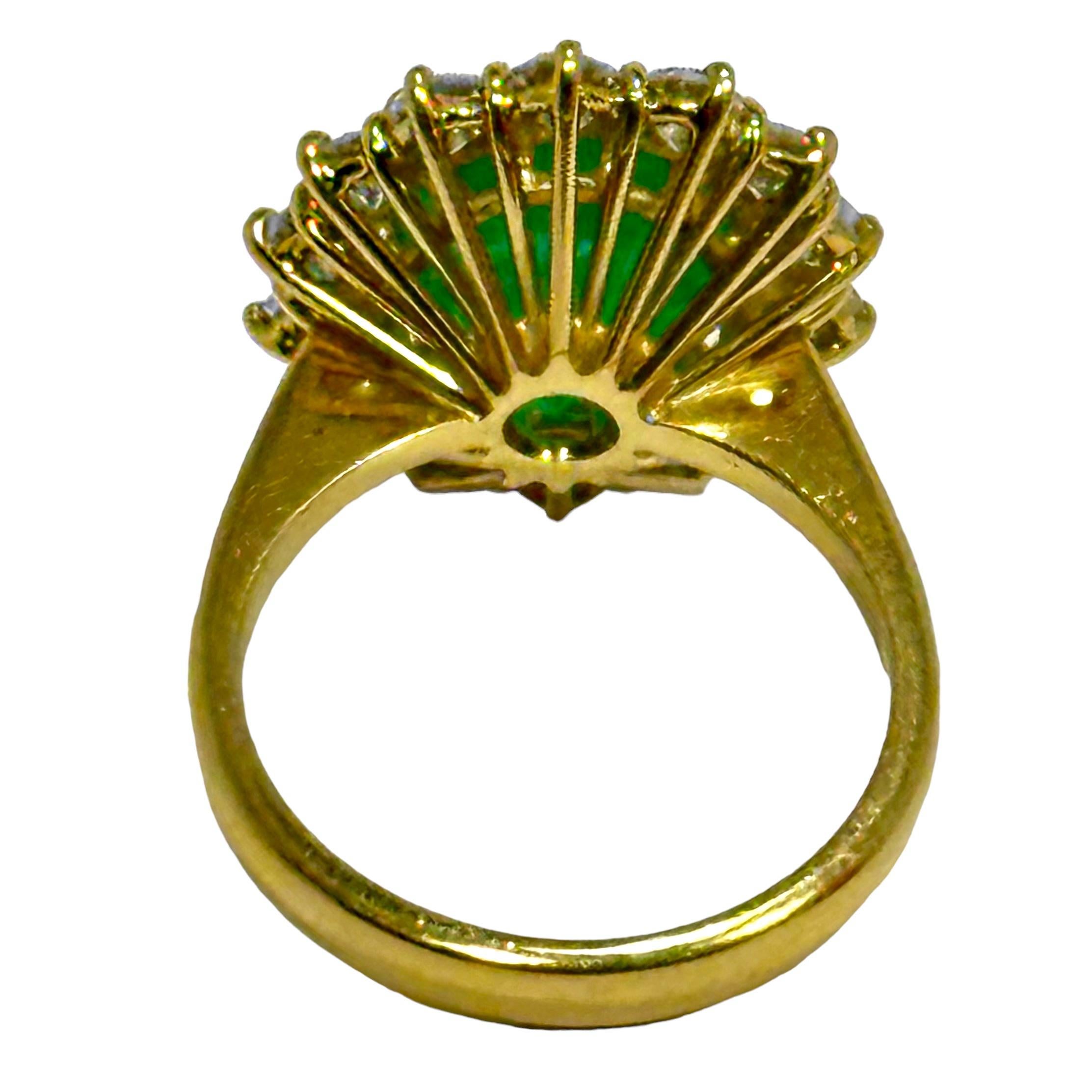 Women's Classic 18K Yellow Gold Cocktail Ring with Oval Emerald Framed by Round Diamonds For Sale