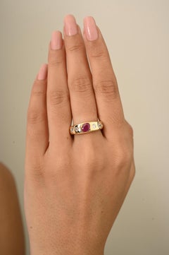 Classic 18K Yellow Gold Dome Ring with Oval Cut Ruby and Mixed Cut Diamonds