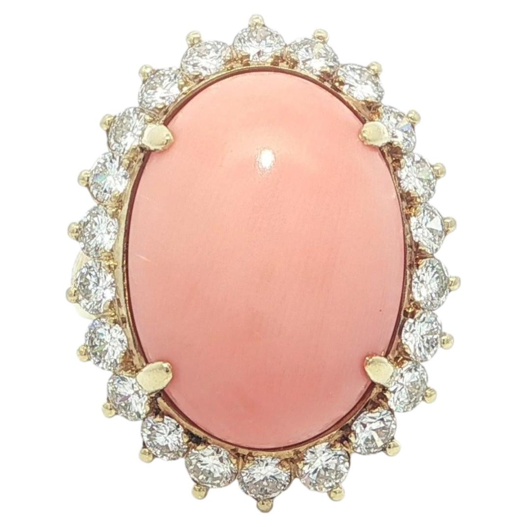 Classic 18k Yellow Gold Oval Pink Angel Skin Coral Quality Diamond Halo Ring