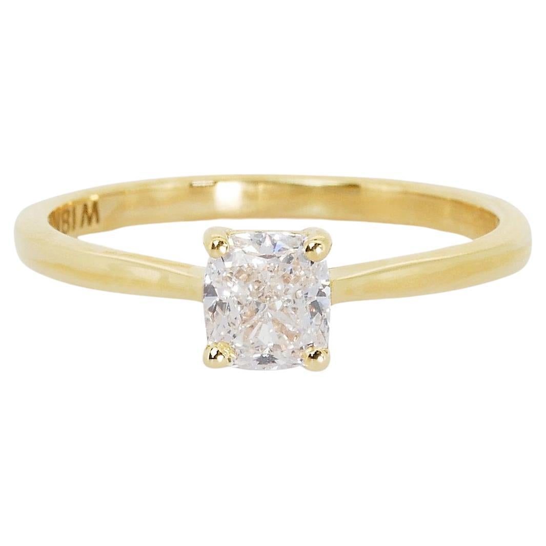 Classic 18k Yellow Gold Solitaire Ring with 0.70 Cushion Cut Diamond For Sale