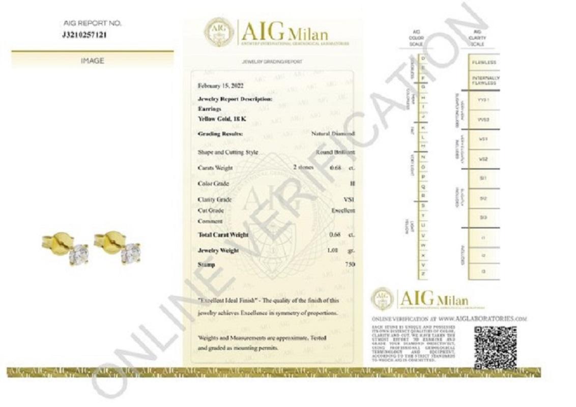 Round Cut Classic 18k Yellow Gold Stud Earrings with 0.68 Ct Natural Diamonds, AIG Cert