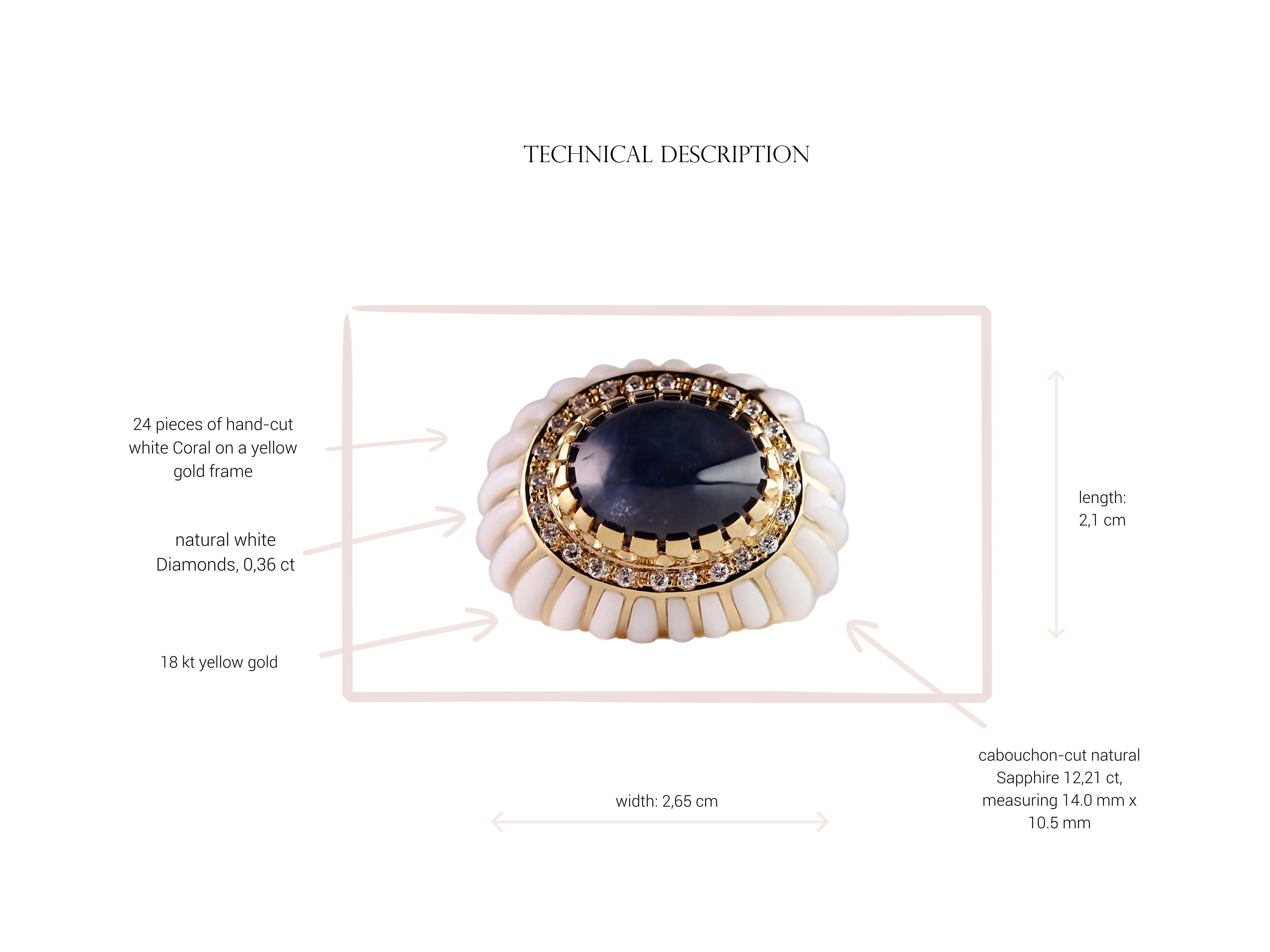 Classy 18kt Yellow Gold Ring with 12.21 ct Cabochon Sapphire and White Coral For Sale 3