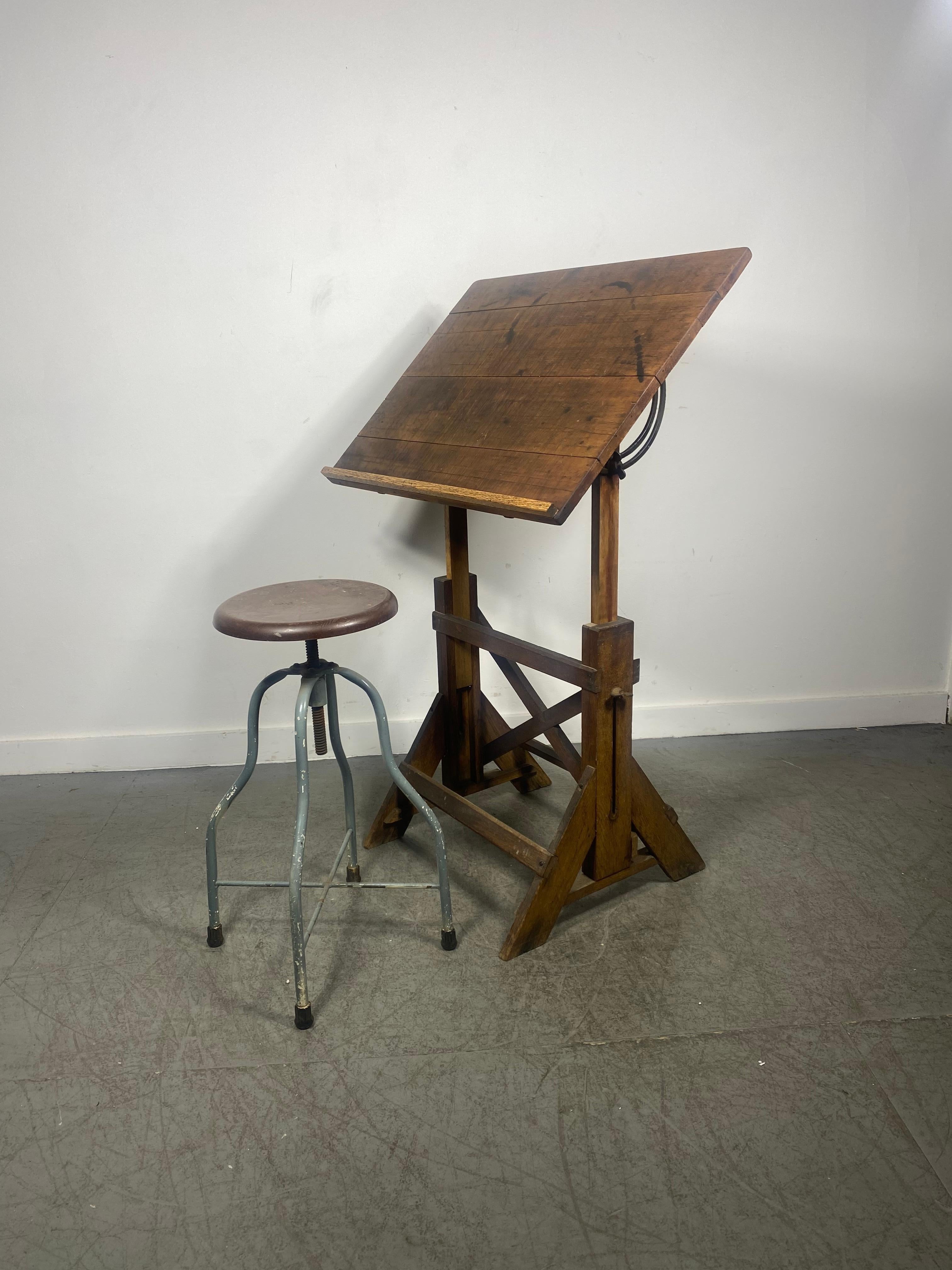 Classic 1920's 30's American Antique Industrial Drafting Table.. oak & iron  4