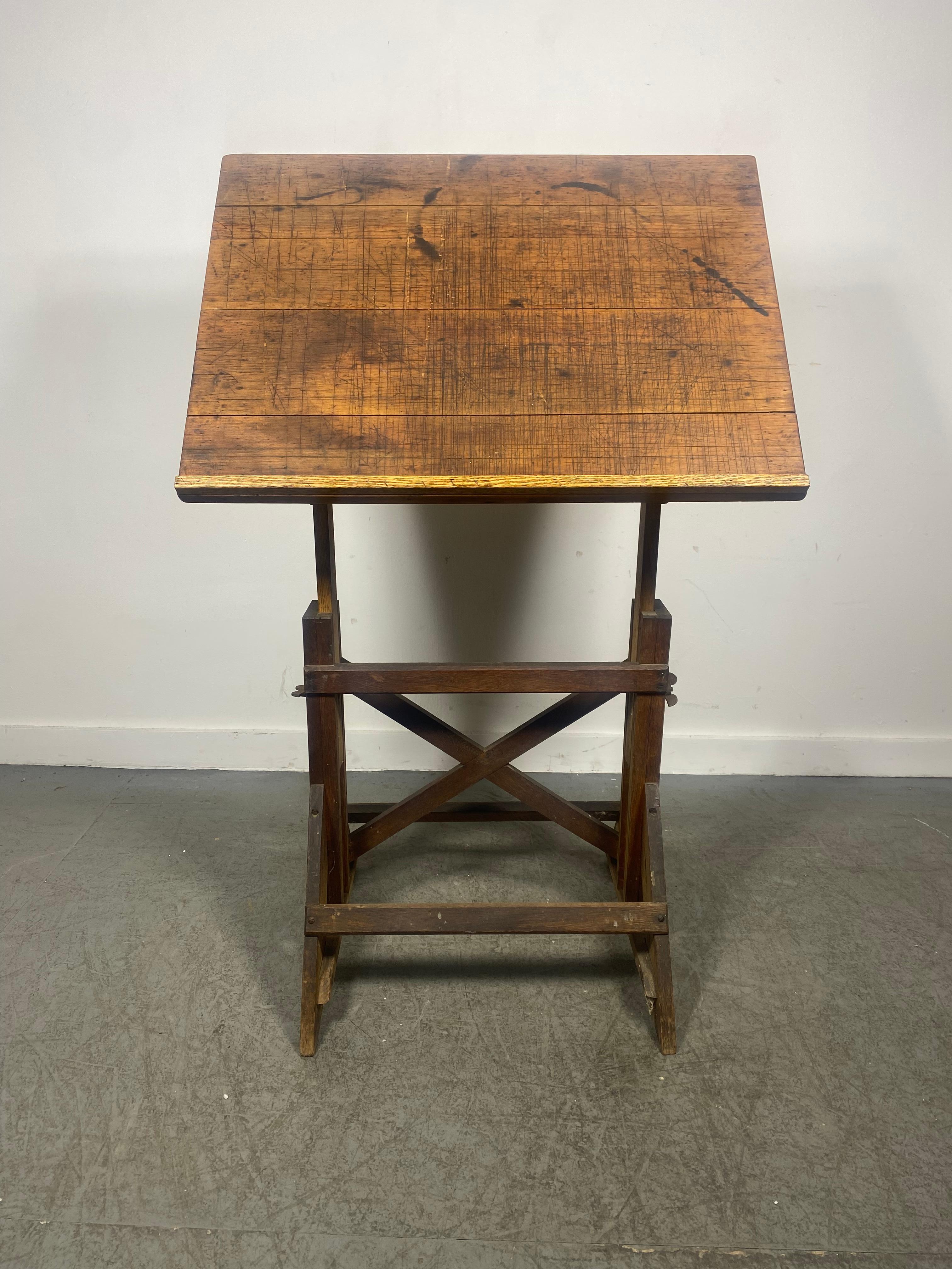 Classic 1920's 30's American Antique Industrial Drafting Table.. oak & iron ..Adjustable height from 32
