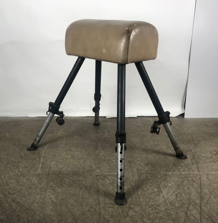 Classic 1920s Adjustable Height Leather and Cast Iron Pommel Gym Horse
