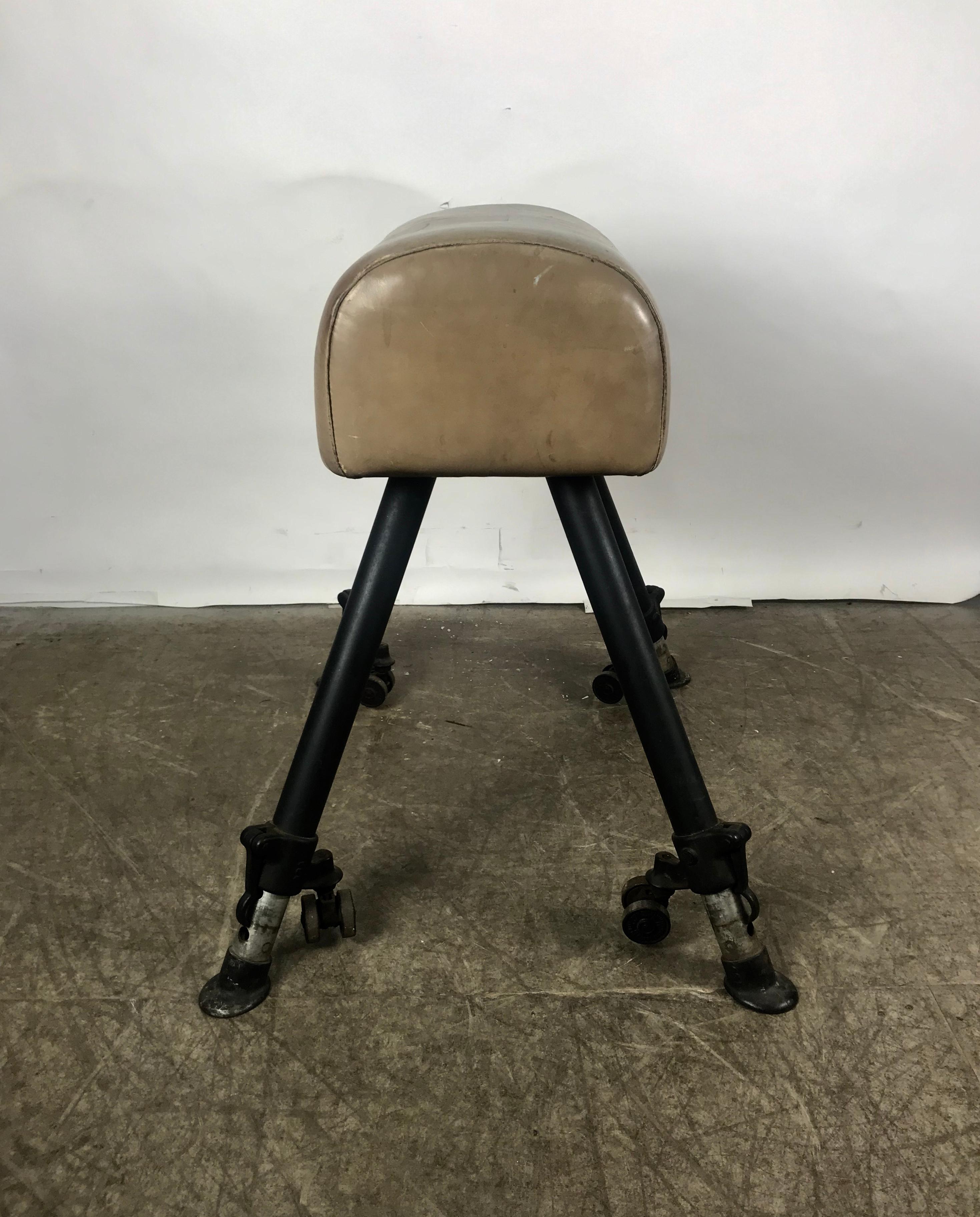 Early 20th Century Classic 1920s Adjustable Height Leather and Cast Iron Pommel Gym Horse For Sale