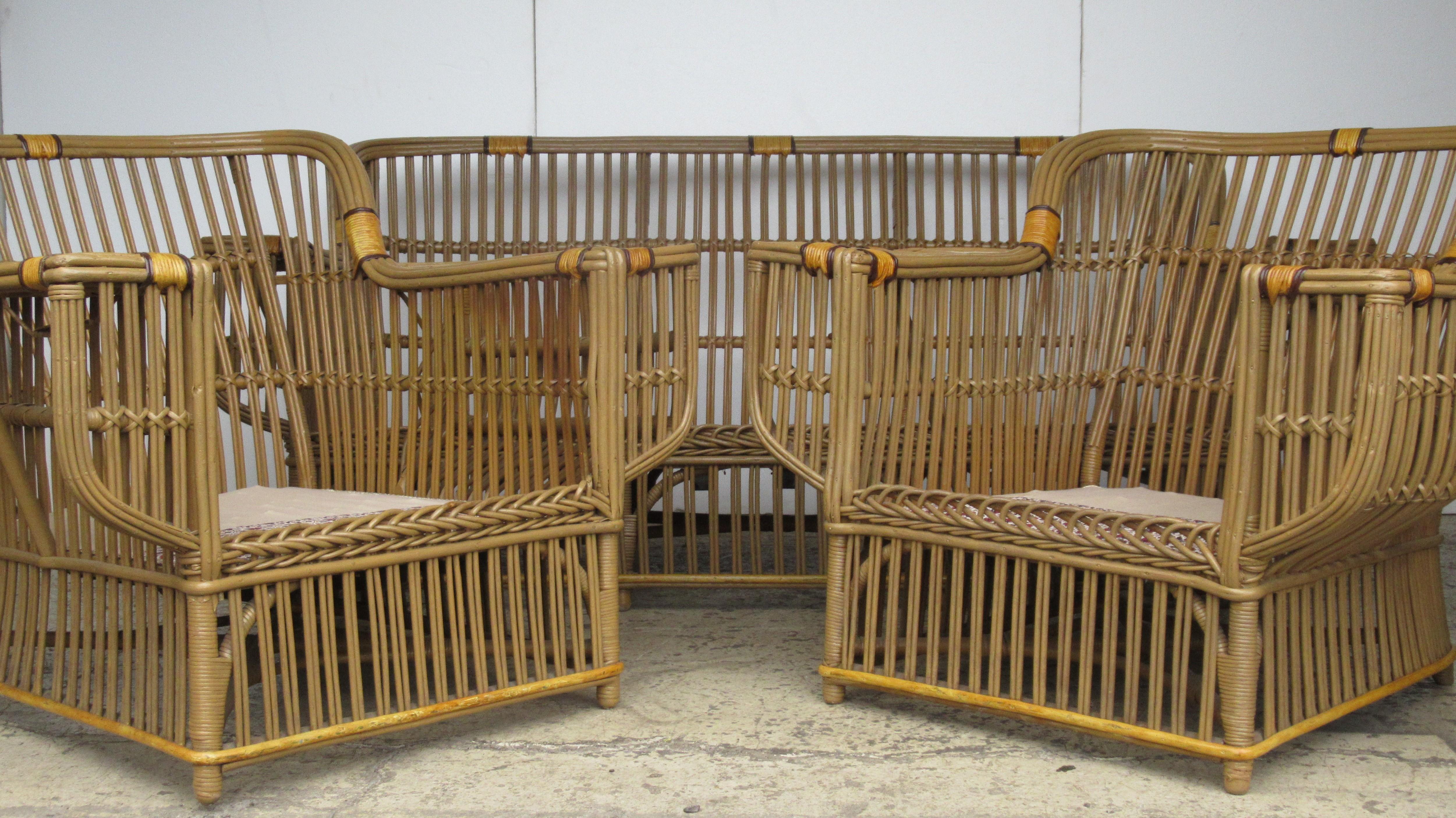 A fully matched set of classic 1930s American Art Deco stick wicker furniture, consisting of a sofa (73
