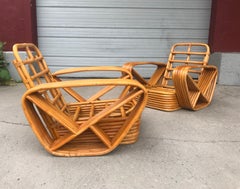 Classic 1940s 6-Banded Paul Frankl Lounge Chairs and Ottoman, Art Deco Style