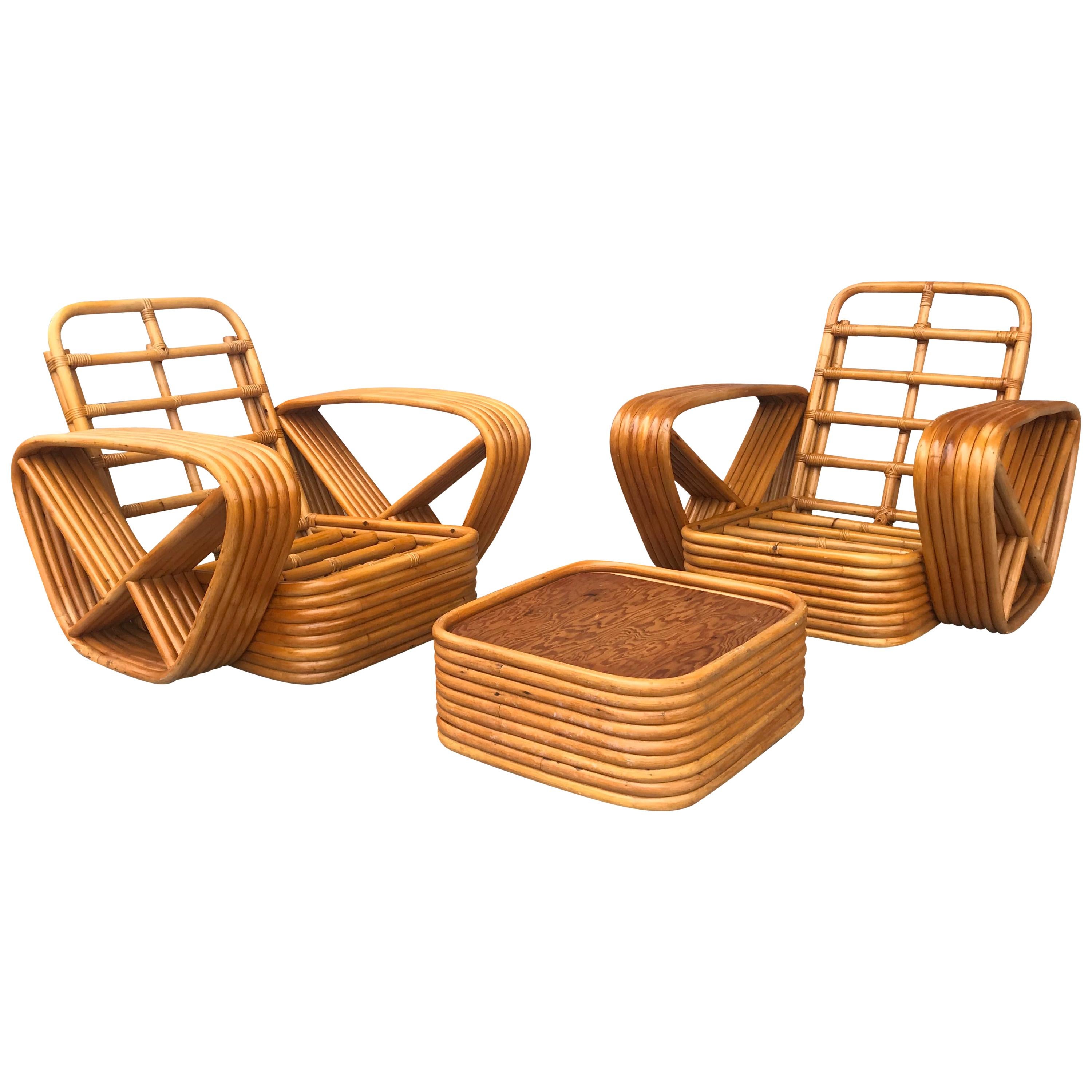 Classic 1940s 6-Banded Paul Frankl Lounge Chairs and Ottoman, Art Deco Style