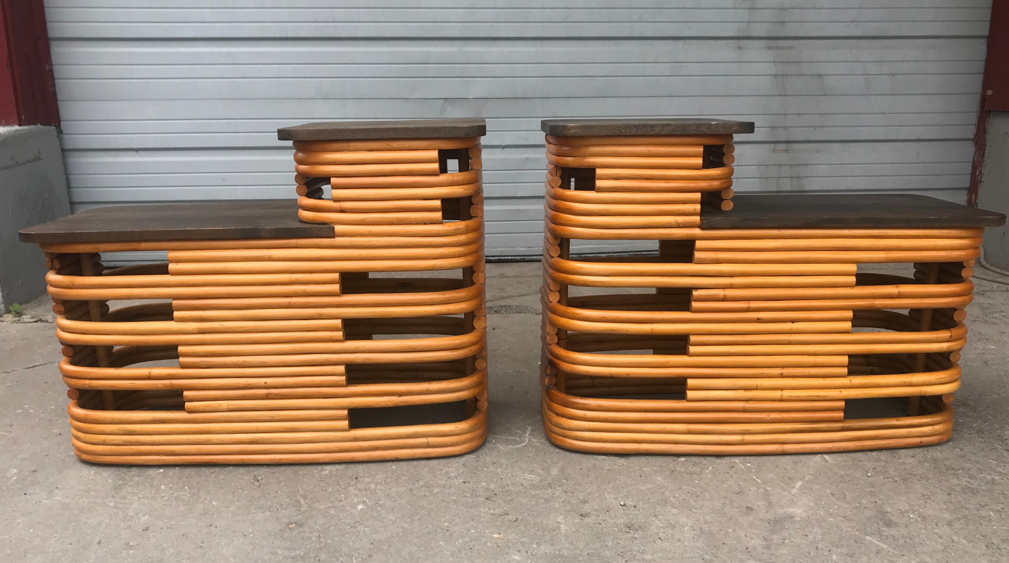 Classic 1940s Paul Frankl Rattan /bamboo step end tables. Art Deco design, tops have been restored, amazing design.