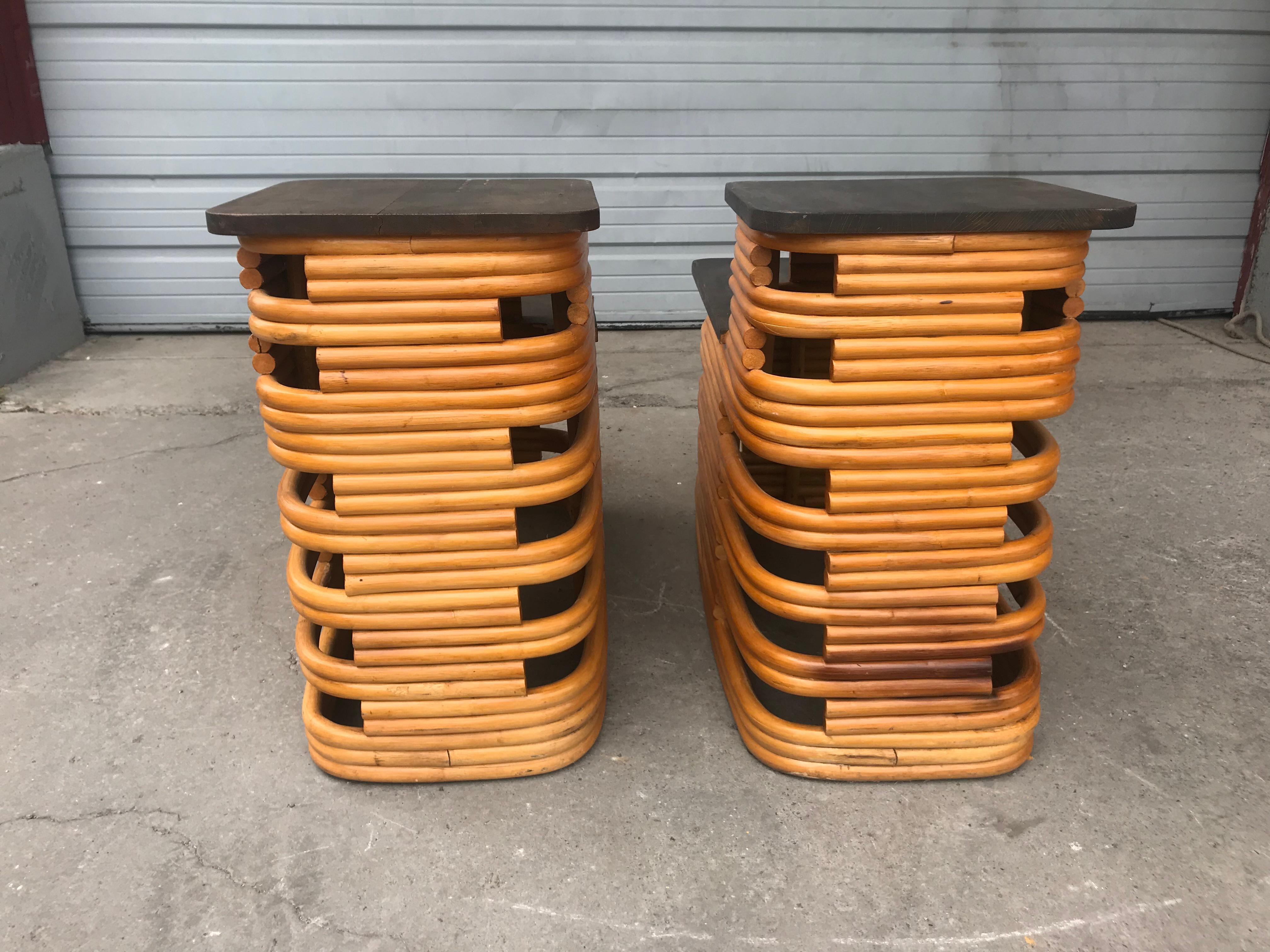 American Classic 1940s Paul Frankl Rattan /Bamboo Step End Tables, Art Deco Design