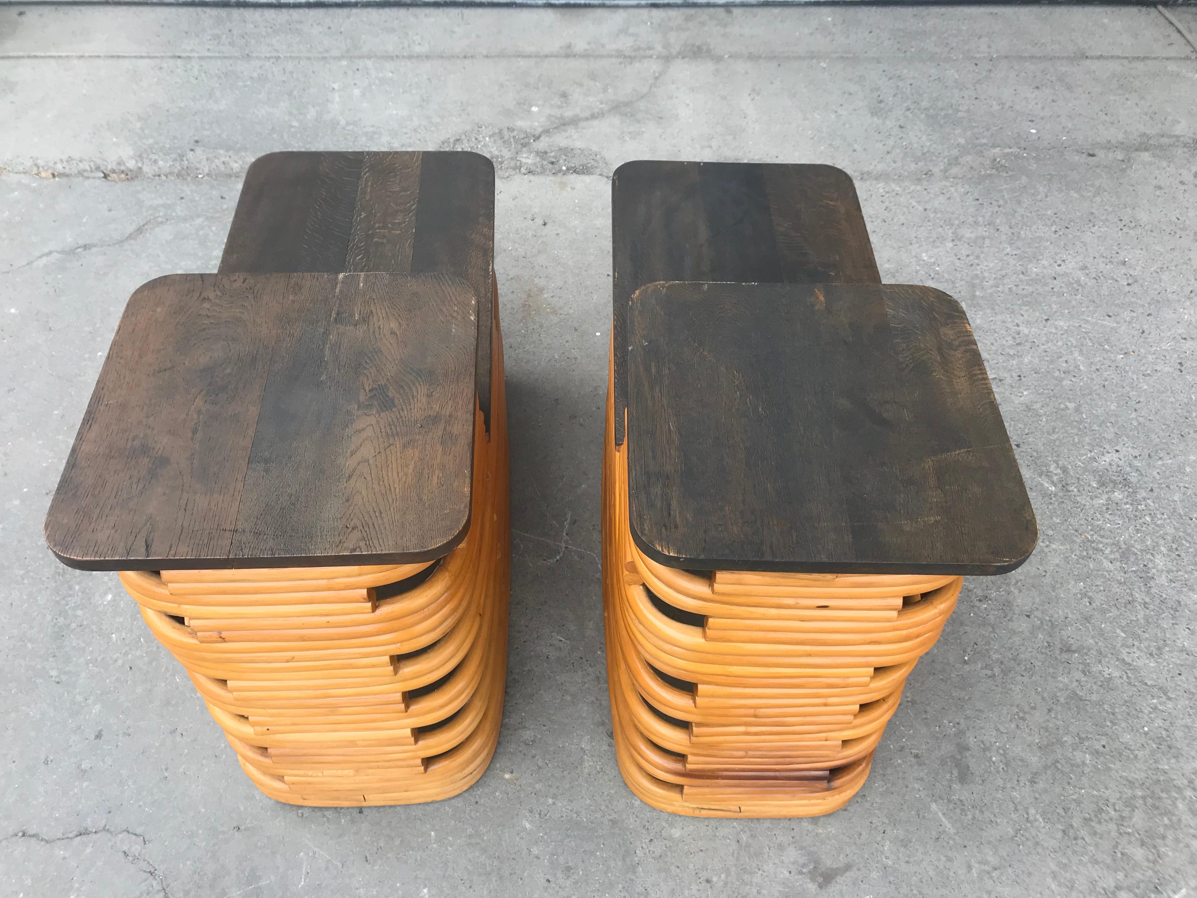 Classic 1940s Paul Frankl Rattan /Bamboo Step End Tables, Art Deco Design In Good Condition In Buffalo, NY