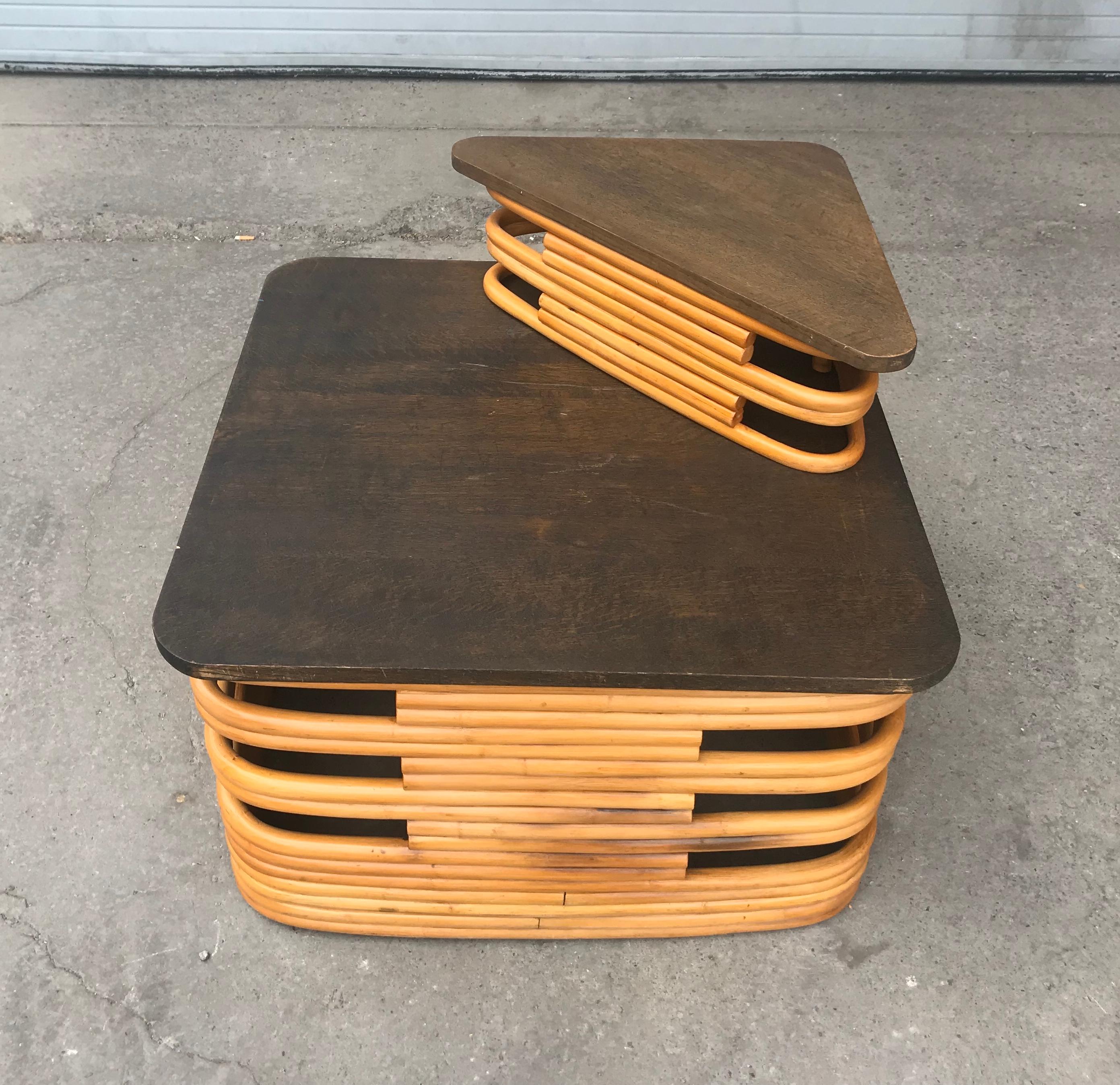 Classic 1940s Paul Frankl style Rattan/bamboo table. Pedestal. Art Deco style, amazing quality and construction, tops have been restored. Hand delivery avail to New York City or anywhere en route from Buffalo NY.