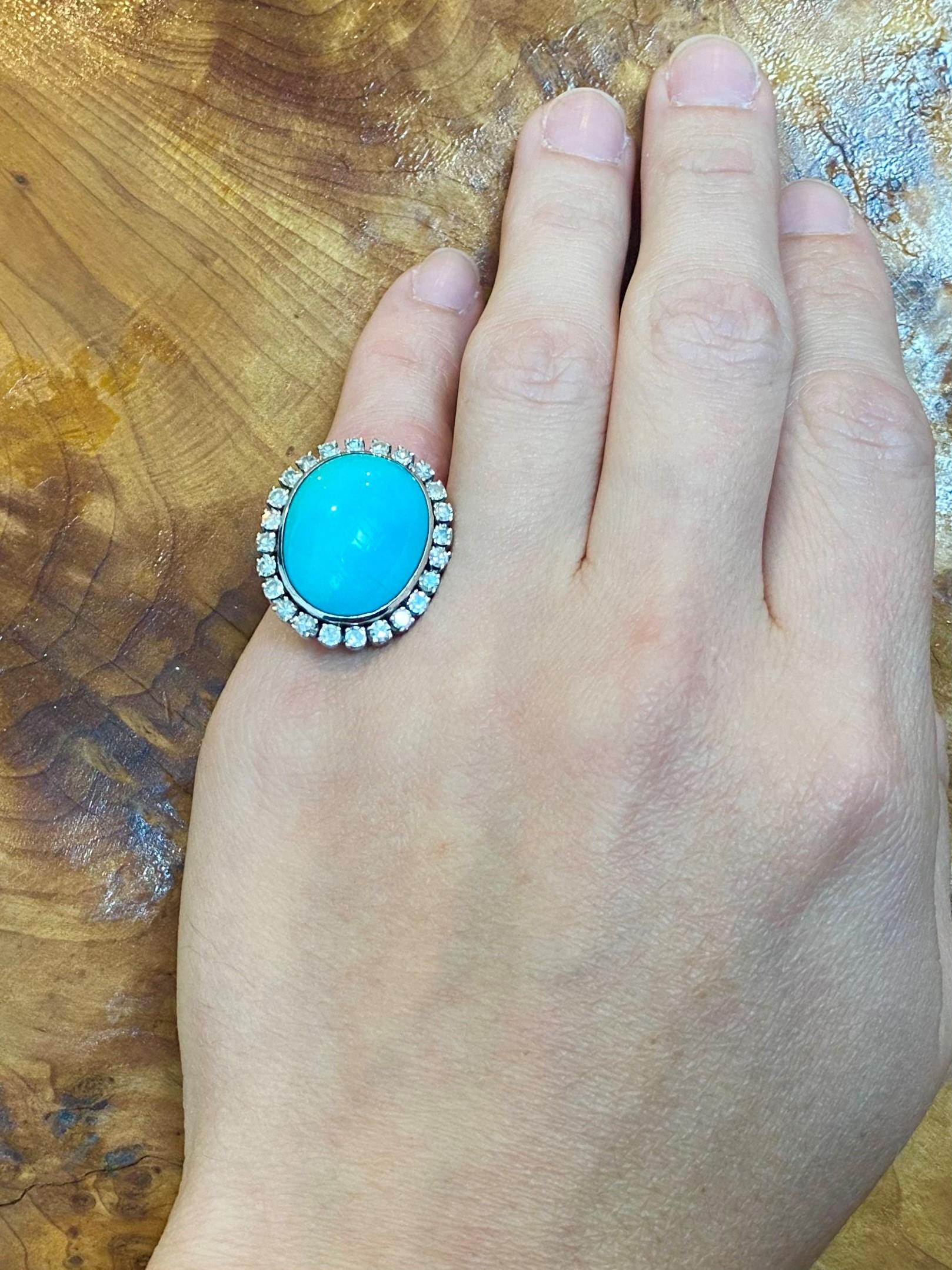 Classic gem set turquoise cocktail ring.

Beautiful and elegant ring, created during the mid-century period, circa 1950. This gem set classic cocktail ring was carefully crafted in solid .900/.999 platinum and embellished with a great selection of