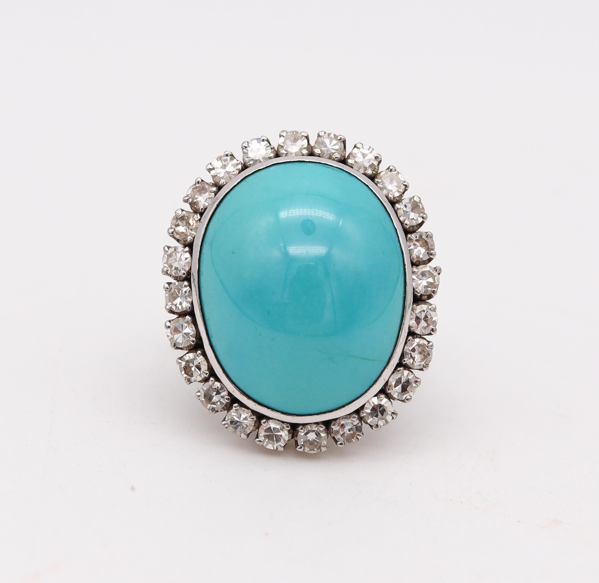 Cabochon Classic 1950 Cocktail Ring in Platinum with 31.42 Cts in Diamonds and Turquoise For Sale