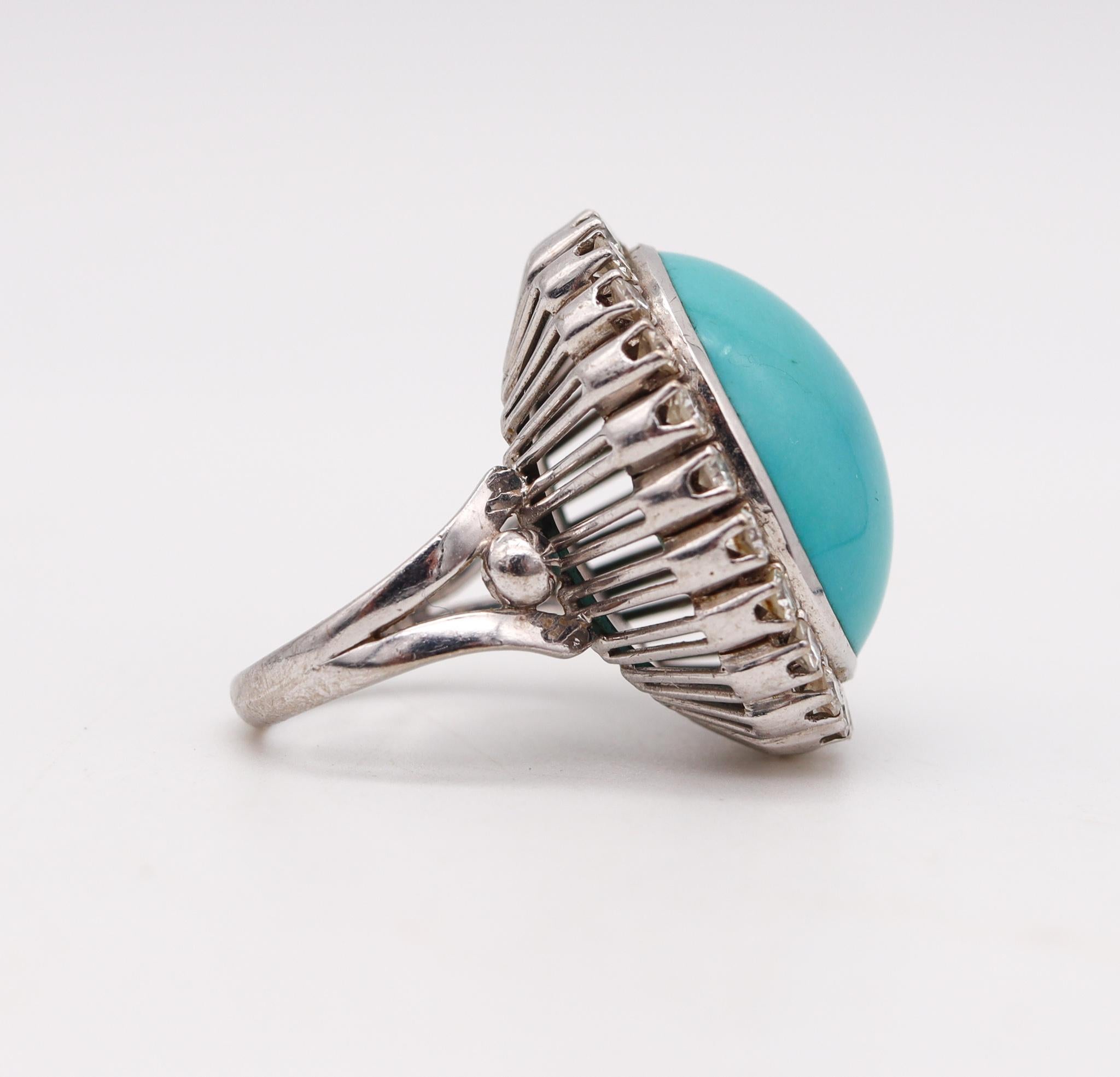 Classic 1950 Cocktail Ring in Platinum with 31.42 Cts in Diamonds and Turquoise In Excellent Condition For Sale In Miami, FL