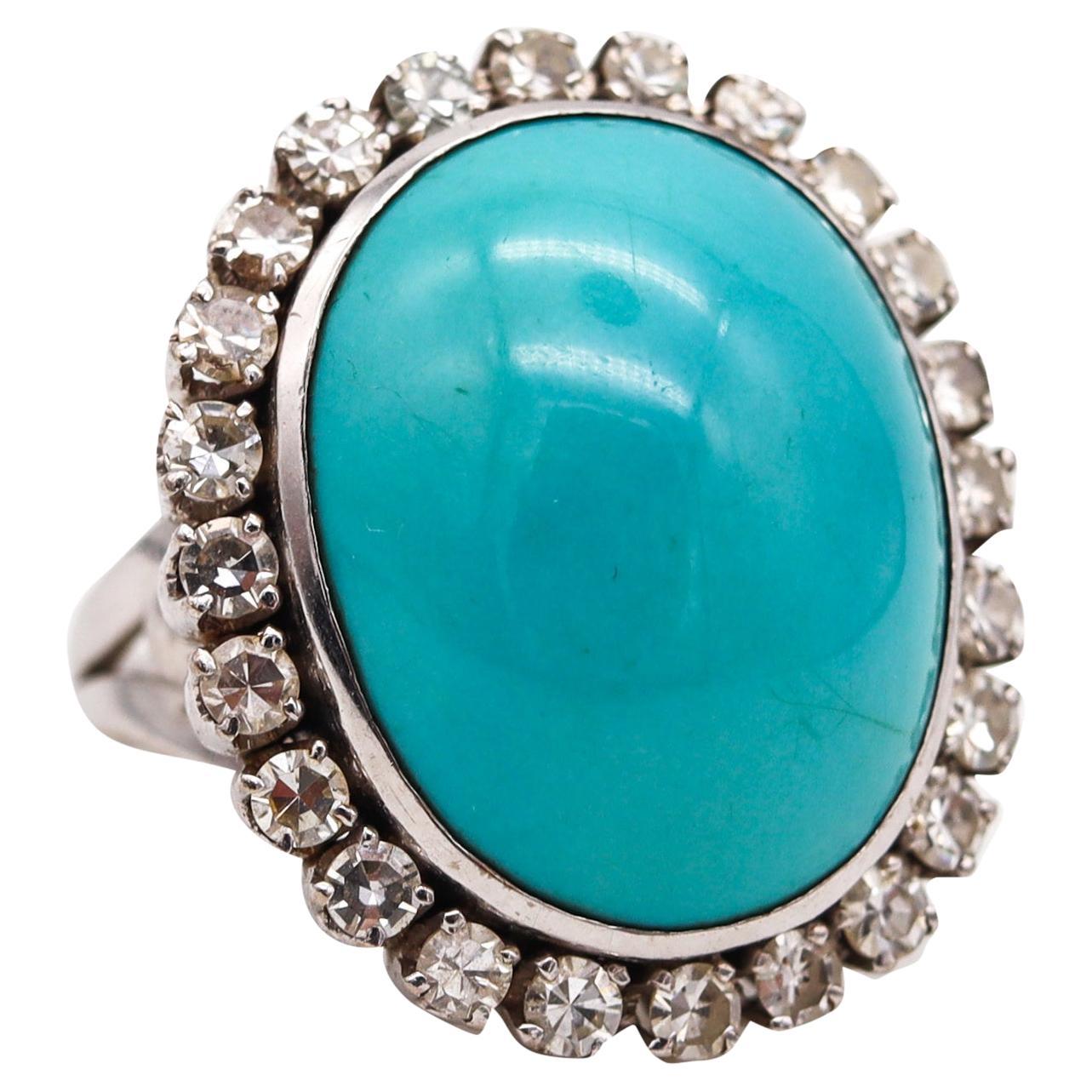 Classic 1950 Cocktail Ring in Platinum with 31.42 Cts in Diamonds and Turquoise For Sale