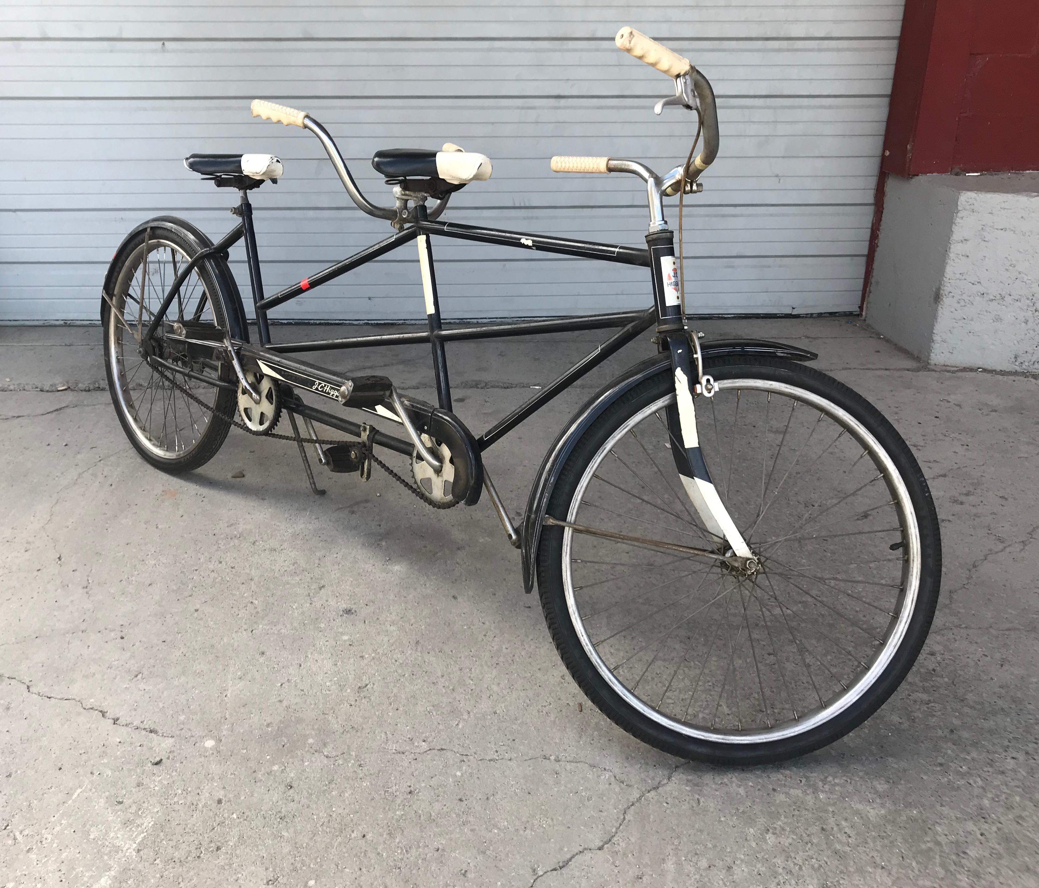 Classic 1950s Tandem bike, bicycle built for two by J C Higgins Schwinn. Retains all original parts grips pedels tires seats etc. Amazing original condition Original color paint and finish Unrestored, ready to ride. Hand delivery avail to New York