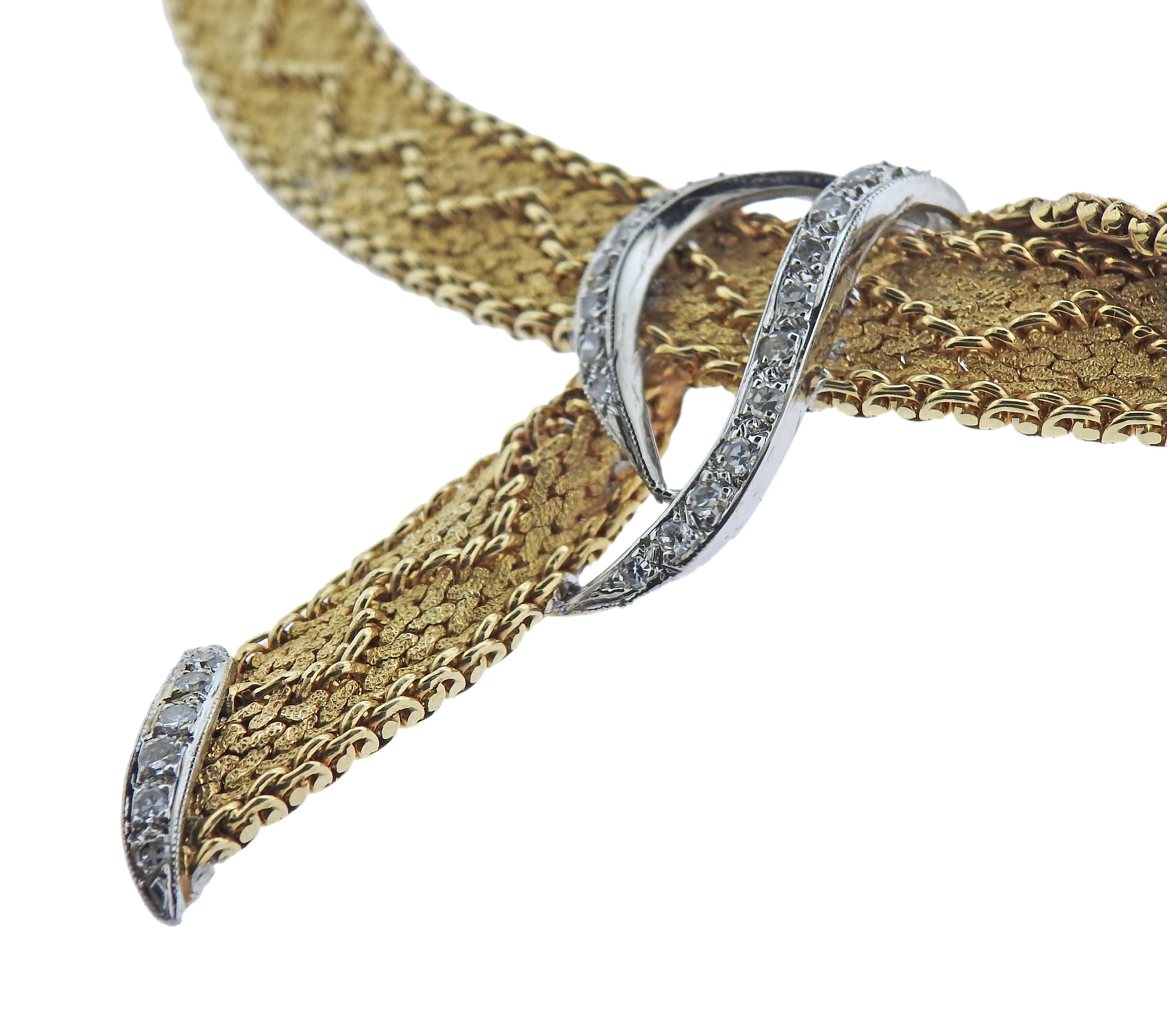 Round Cut Classic 1960s Diamond Yellow Gold Necklace For Sale