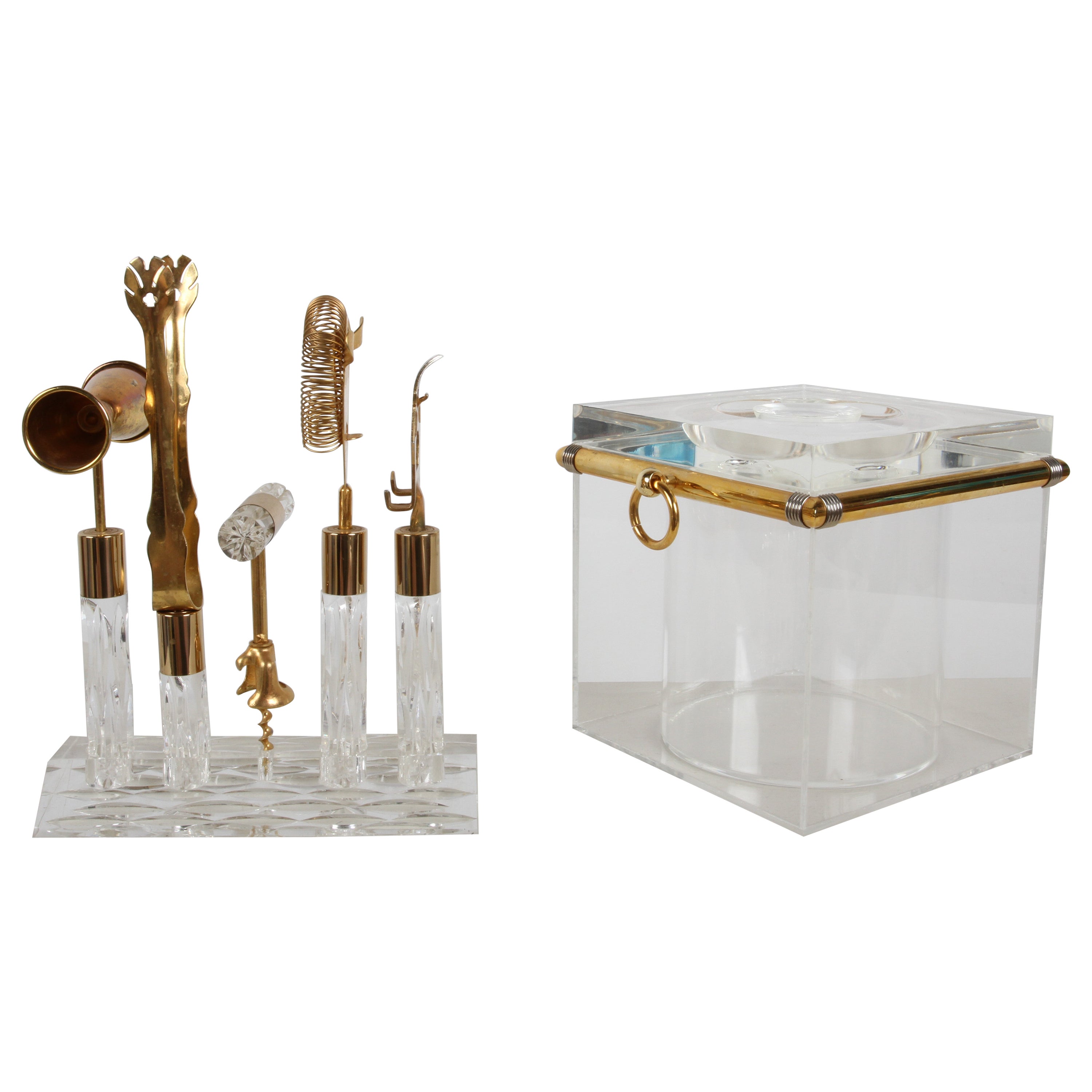 Seau à glace en Lucite plaqué or 22k avec outils de bar, Classic 1970 Romeo Rega Style