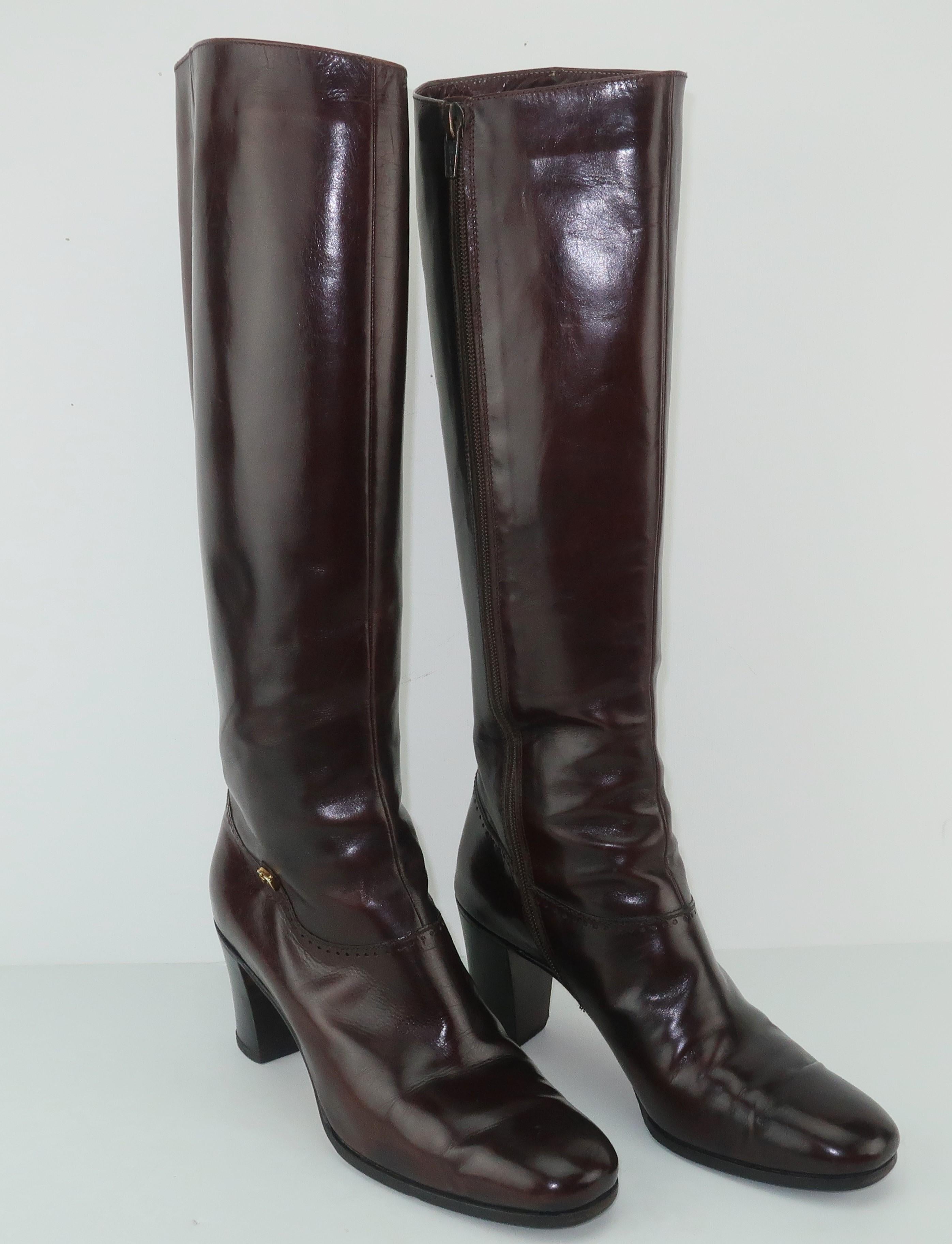 Classic 1970's Salvatore Ferragamo Dark Brown Leather Knee High Boots Sz 8AA In Good Condition In Atlanta, GA
