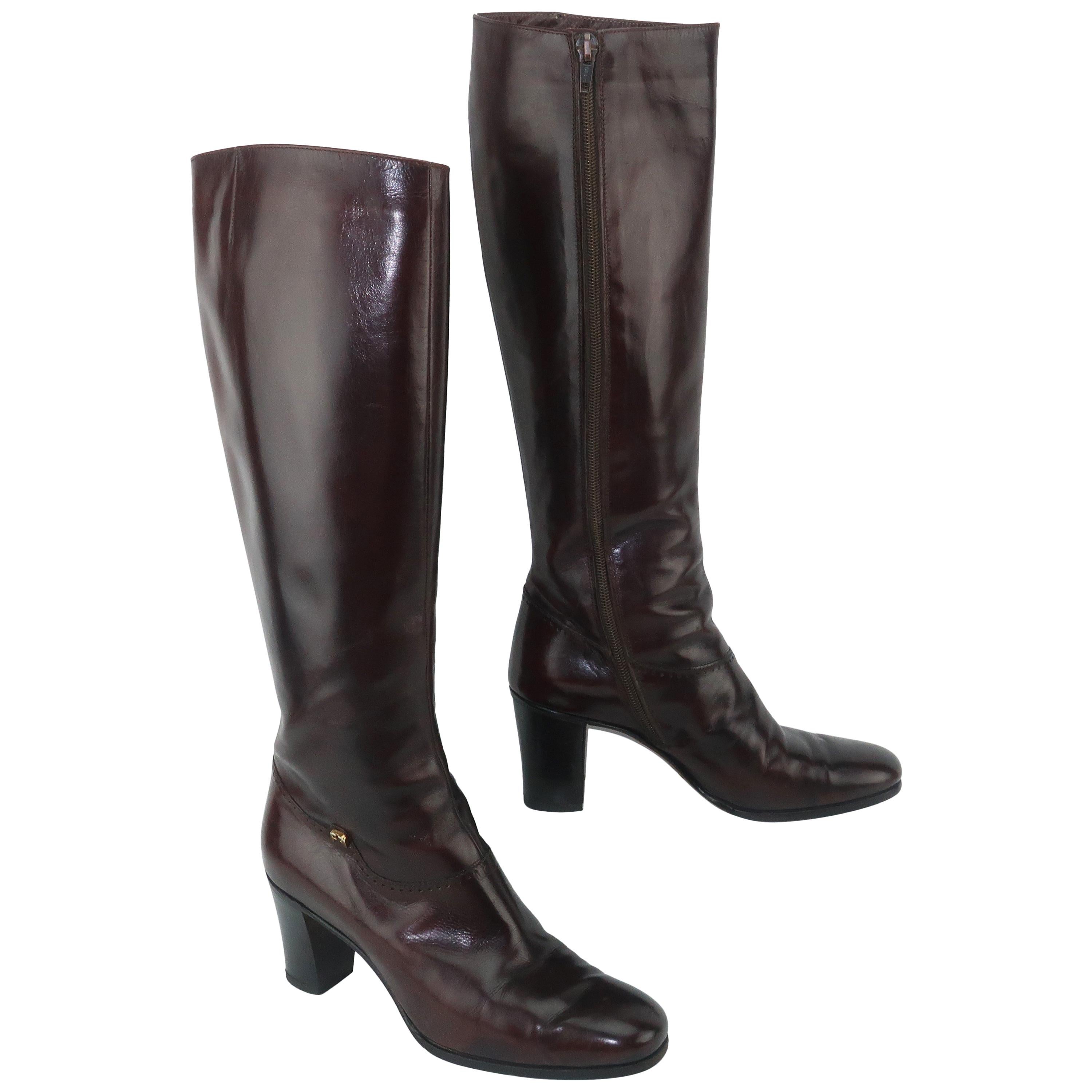 Classic 1970
s Salvatore Ferragamo Dark Brown Leather Knee High Boots Sz 8AA