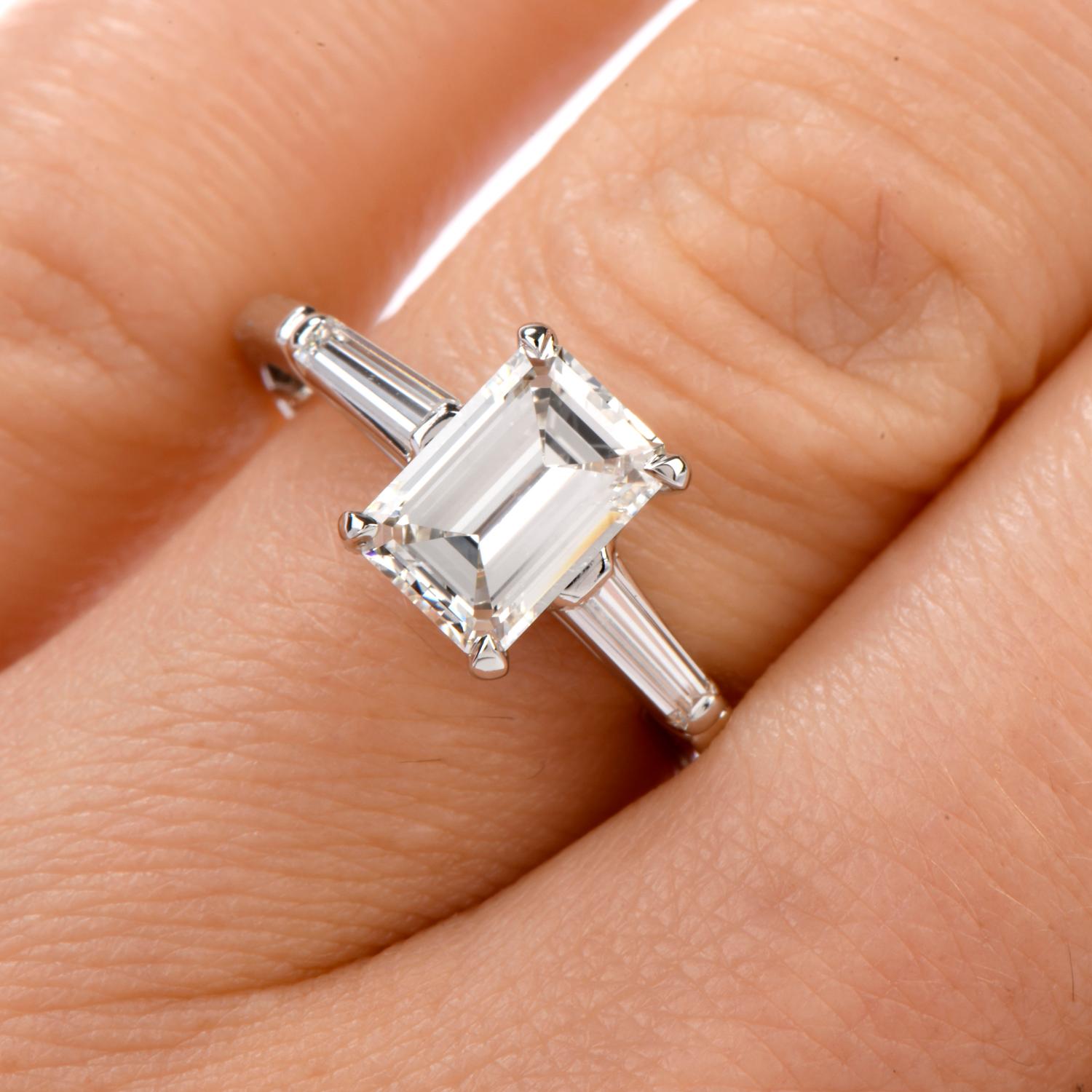 Retro Classic 1980s Emerald Cut Diamond Platinum Engagement Ring