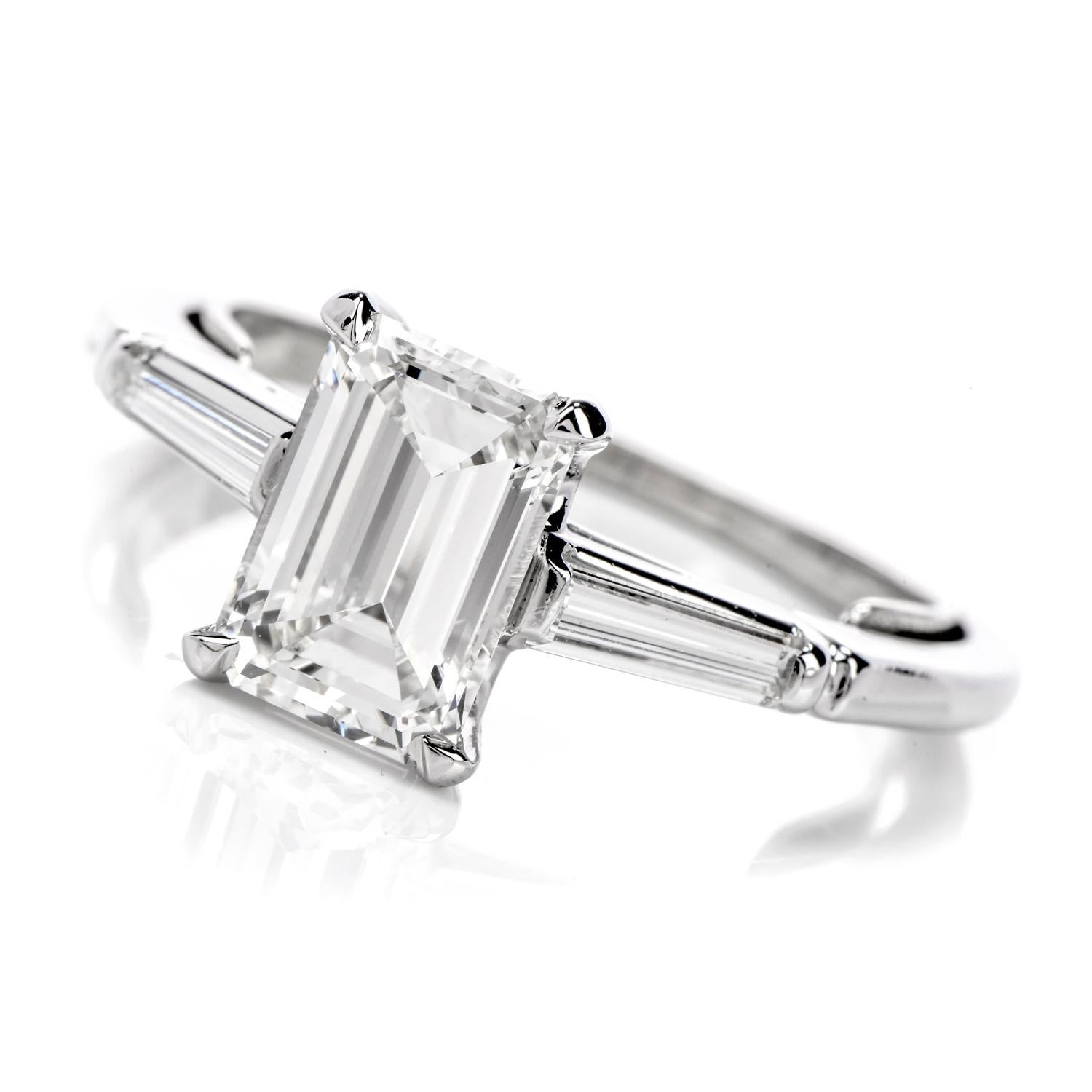 Classic 1980s Emerald Cut Diamond Platinum Engagement Ring 1