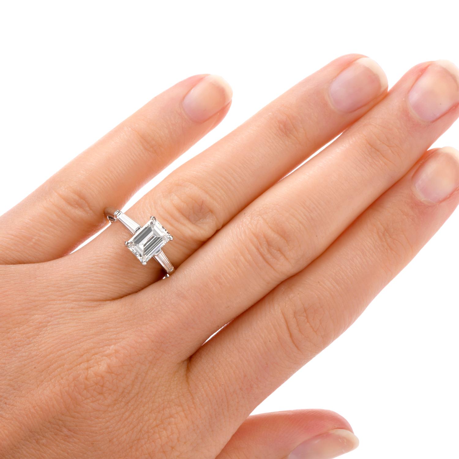 Classic 1980s Emerald Cut Diamond Platinum Engagement Ring 2