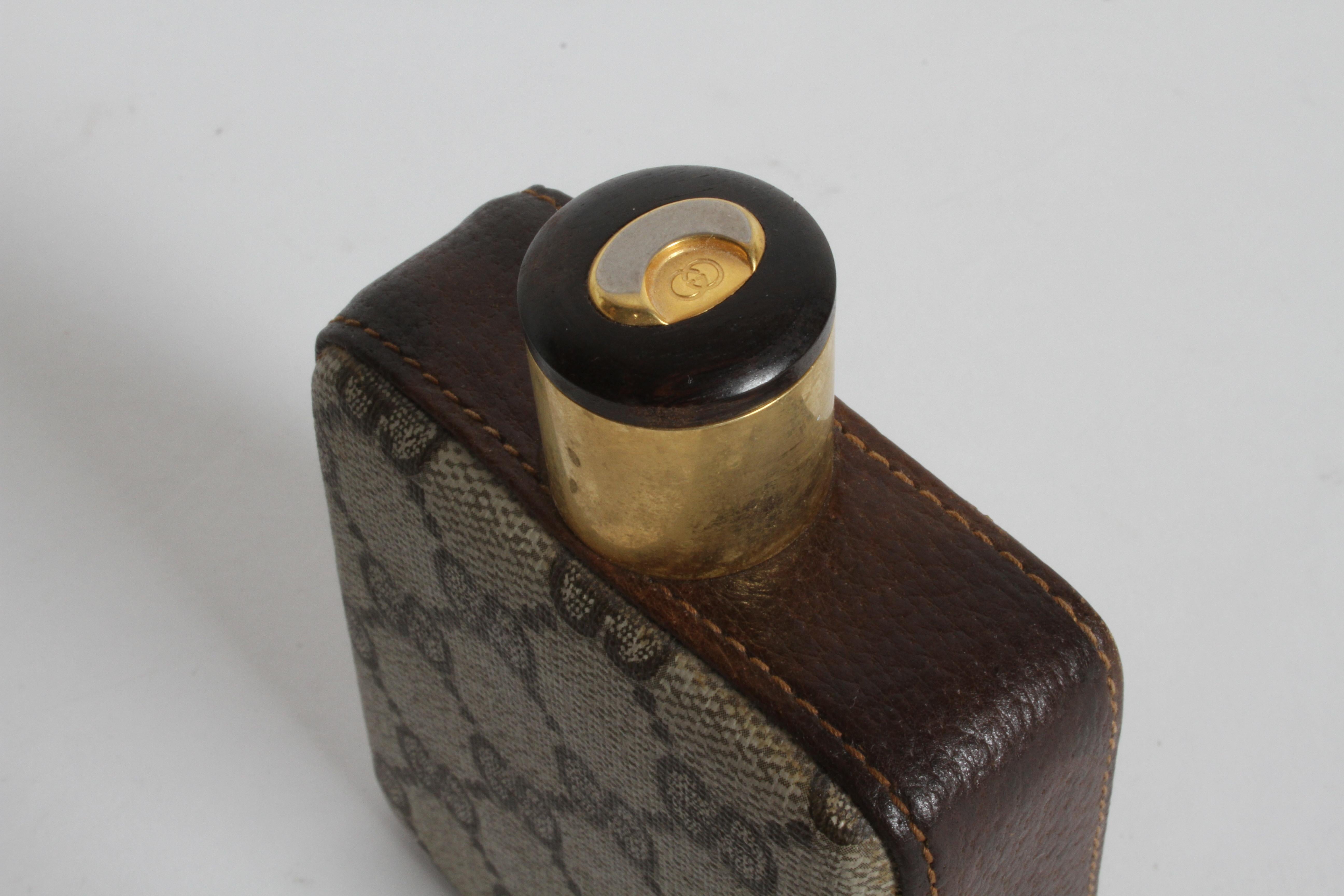 Leather Classic 1980s Gucci Brown Double G Monogram Bar Flask, Rare