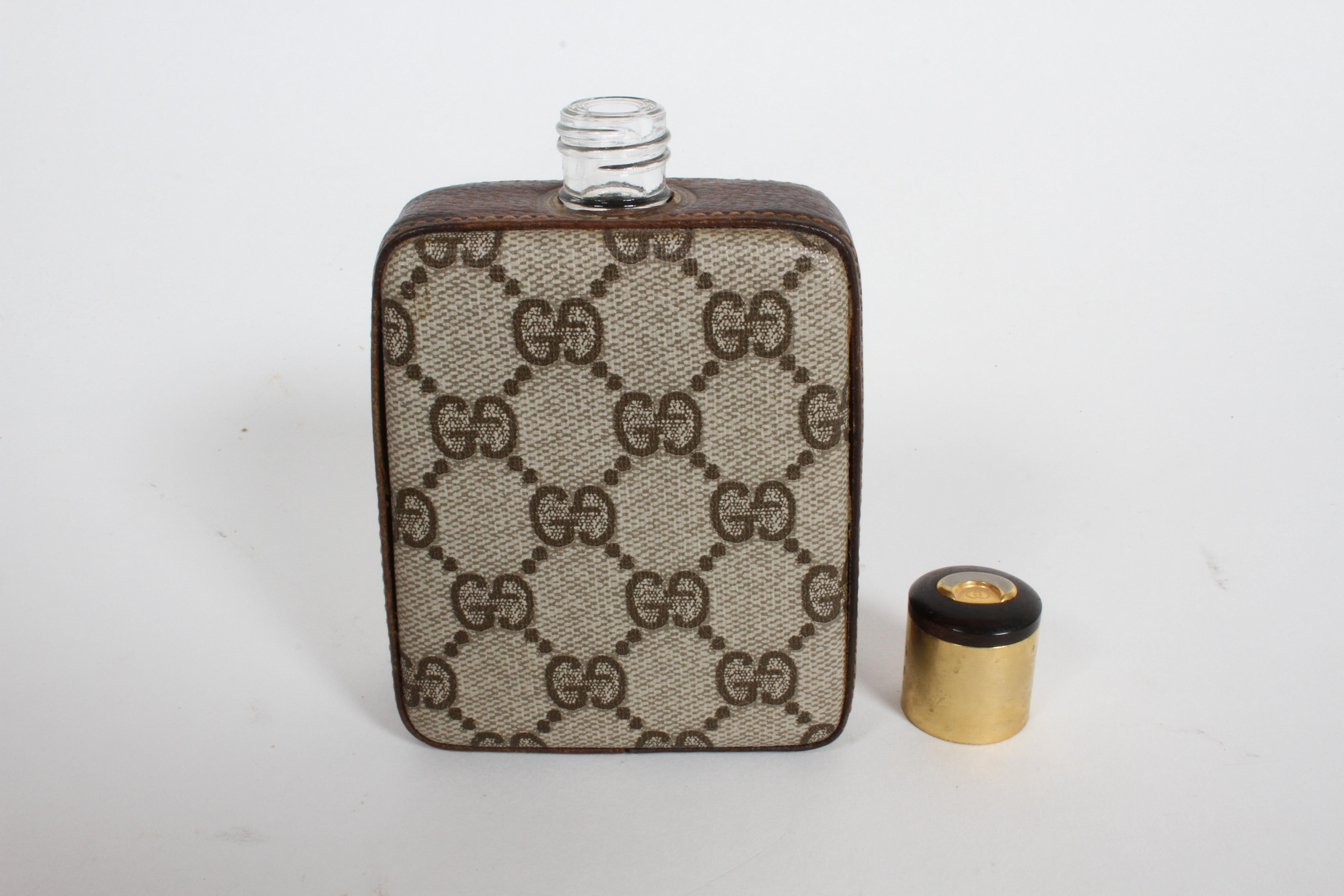 Classic 1980s Gucci Brown Double G Monogram Bar Flask, Rare In Good Condition In St. Louis, MO