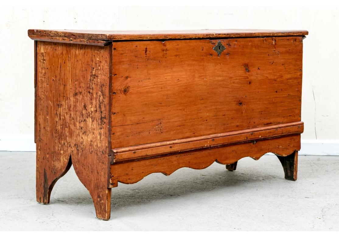 The Blanket Chest in a fine Pumpkin tone stain with a Scalloped apron, decorative engraved Escutcheon (Likely a later addition), interior storage box and a fantastic traditional Country presentation. Eminently suitable 
as a Coffee Table.