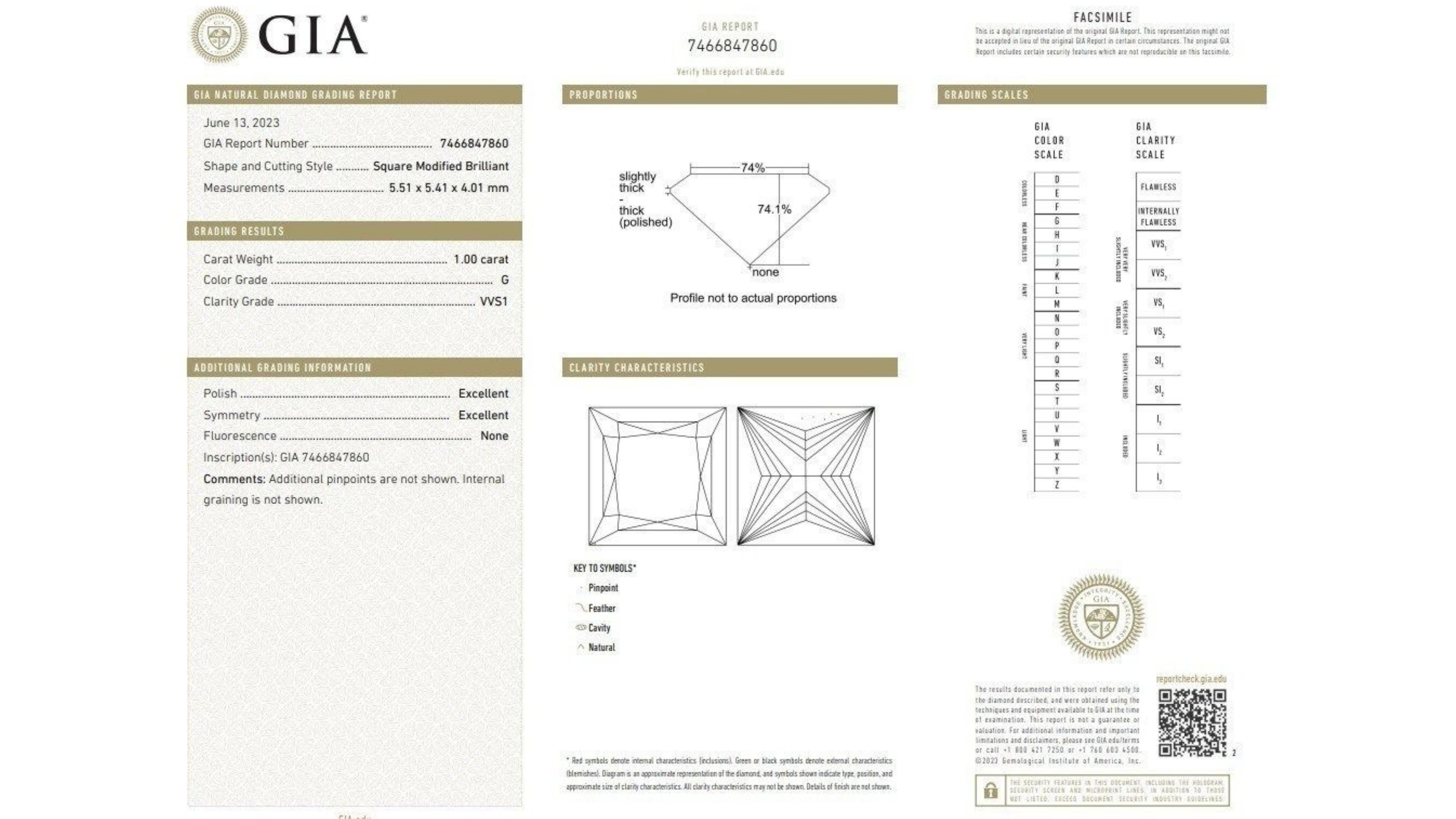 Product Details:
~Metal: 18K Yellow Gold
Main stone: 
1ct square modified brilliant natural diamonds
G colour
VVS1 clarity, 
Cut: Excellent

Total carat weight: 1tcw
Size: EU 54 (size is adjustable up to 3 sizes)
Certificate number: GIA