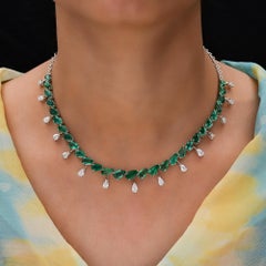 20.55Ct Zambian Emerald Choker Necklace 4.64Ct Diamond Drops 14k White Gold