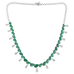 Collar Gargantilla Clásico Esmeralda 20,55ct con Gotas de Diamantes 4,64ct Oro Blanco 18k