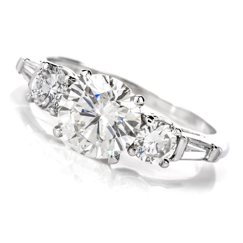 Art Deco Classic 2.11 Round and Baguette Diamond Platinum Engagement Ring