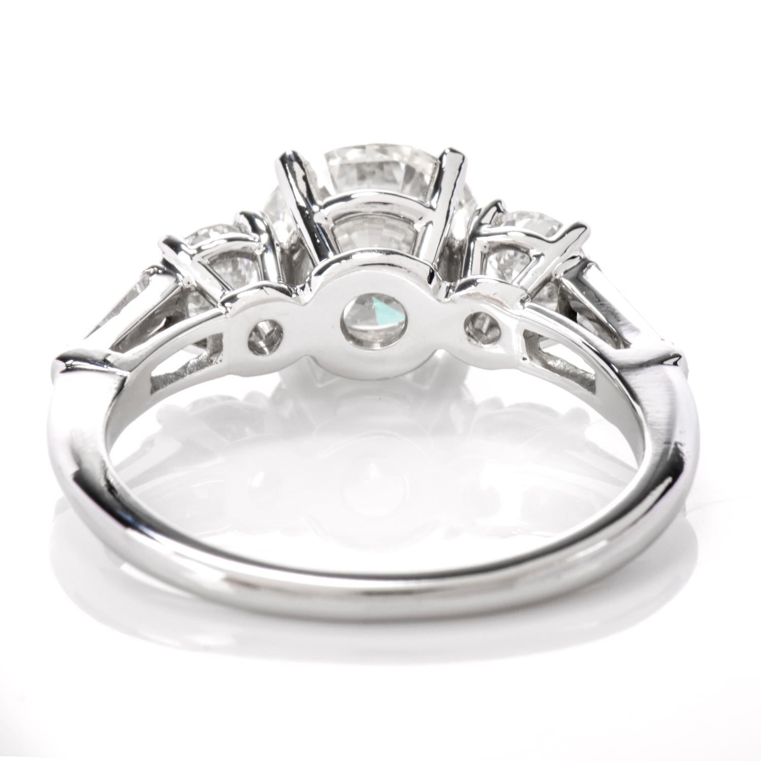 Classic 2.11 Round and Baguette Diamond Platinum Engagement Ring In Excellent Condition In Miami, FL