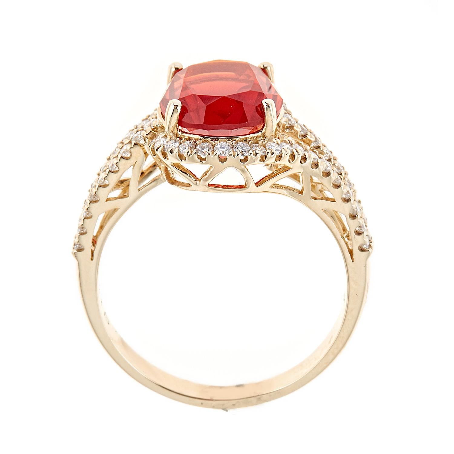 Stunning, timeless and classy eternity Unique Ring. Decorate yourself in luxury with this Gin & Grace Ring. The 14K Yellow Gold jewelry boasts with Oval-cut Fire Opal 1 pcs 2.17 carat, Natural Round-cut white Diamond (54 Pcs) 0.41 Carat accent