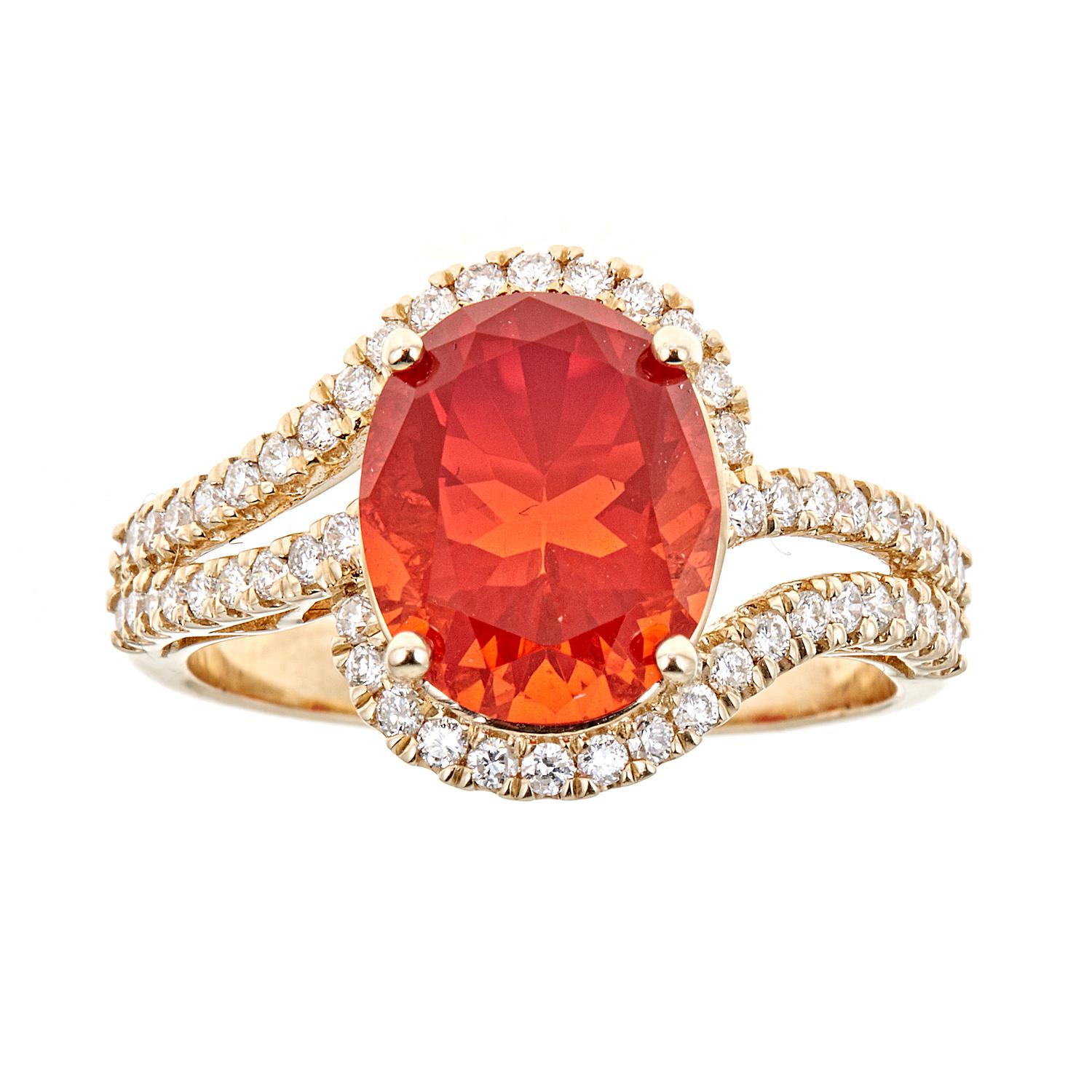 Oval Cut Classic 2.17 Carat Oval-Cut Fire Opal Accented with White Diamond 14k Yg Ring For Sale