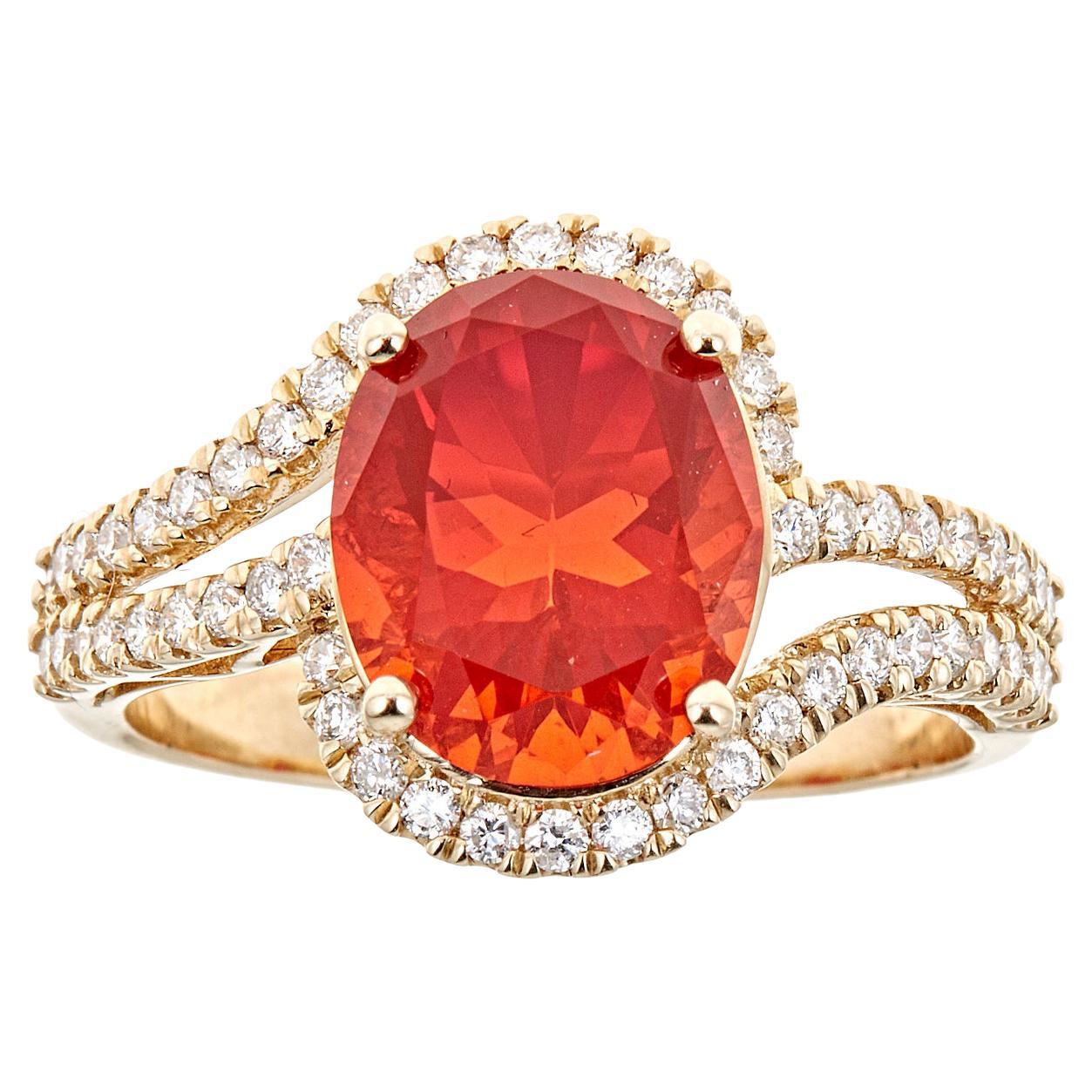 Classic 2.17 Carat Oval-Cut Fire Opal Accented with White Diamond 14k Yg Ring For Sale