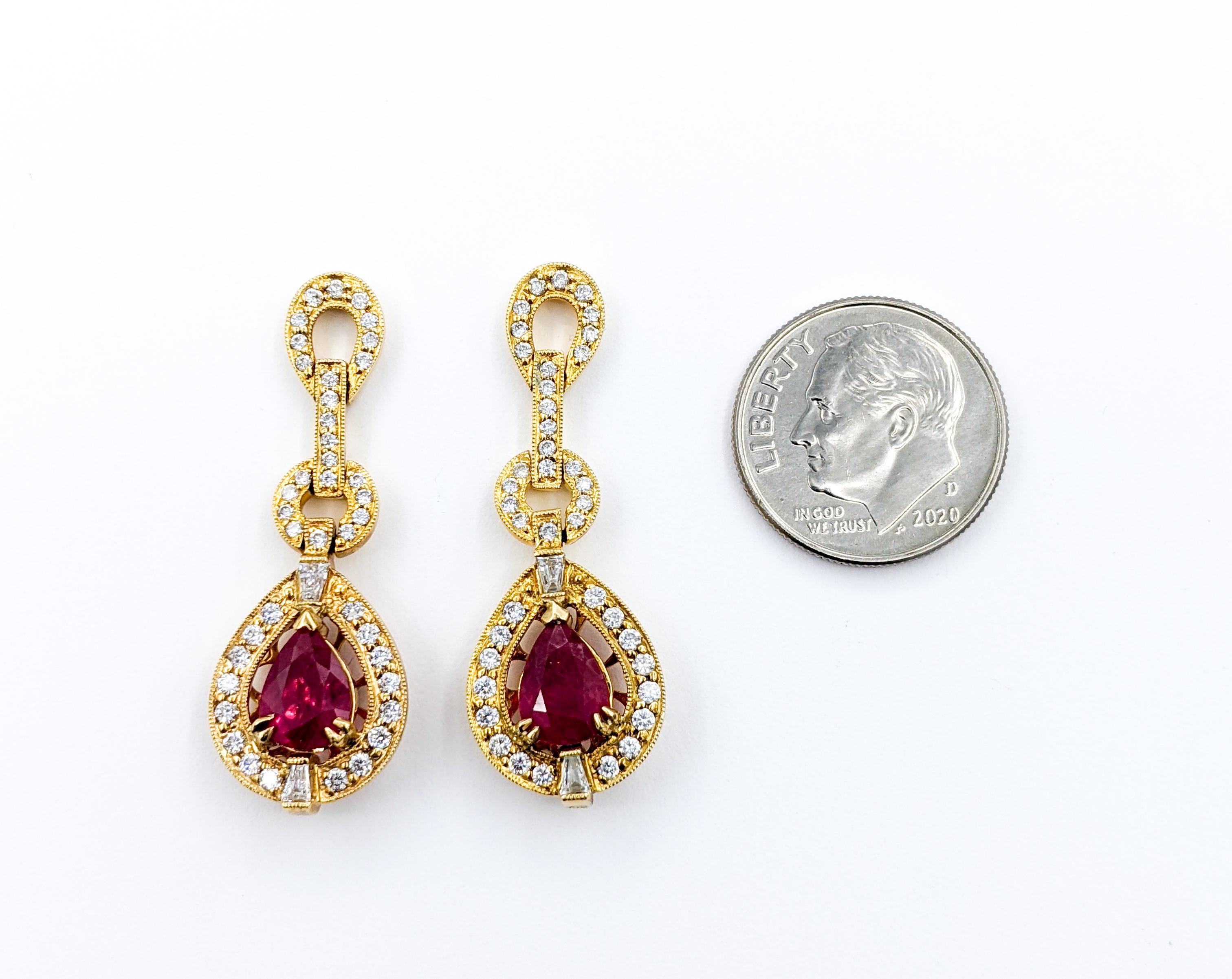 Classic 2.73ctw Ruby and Diamond Drop Earrings In Excellent Condition For Sale In Bloomington, MN