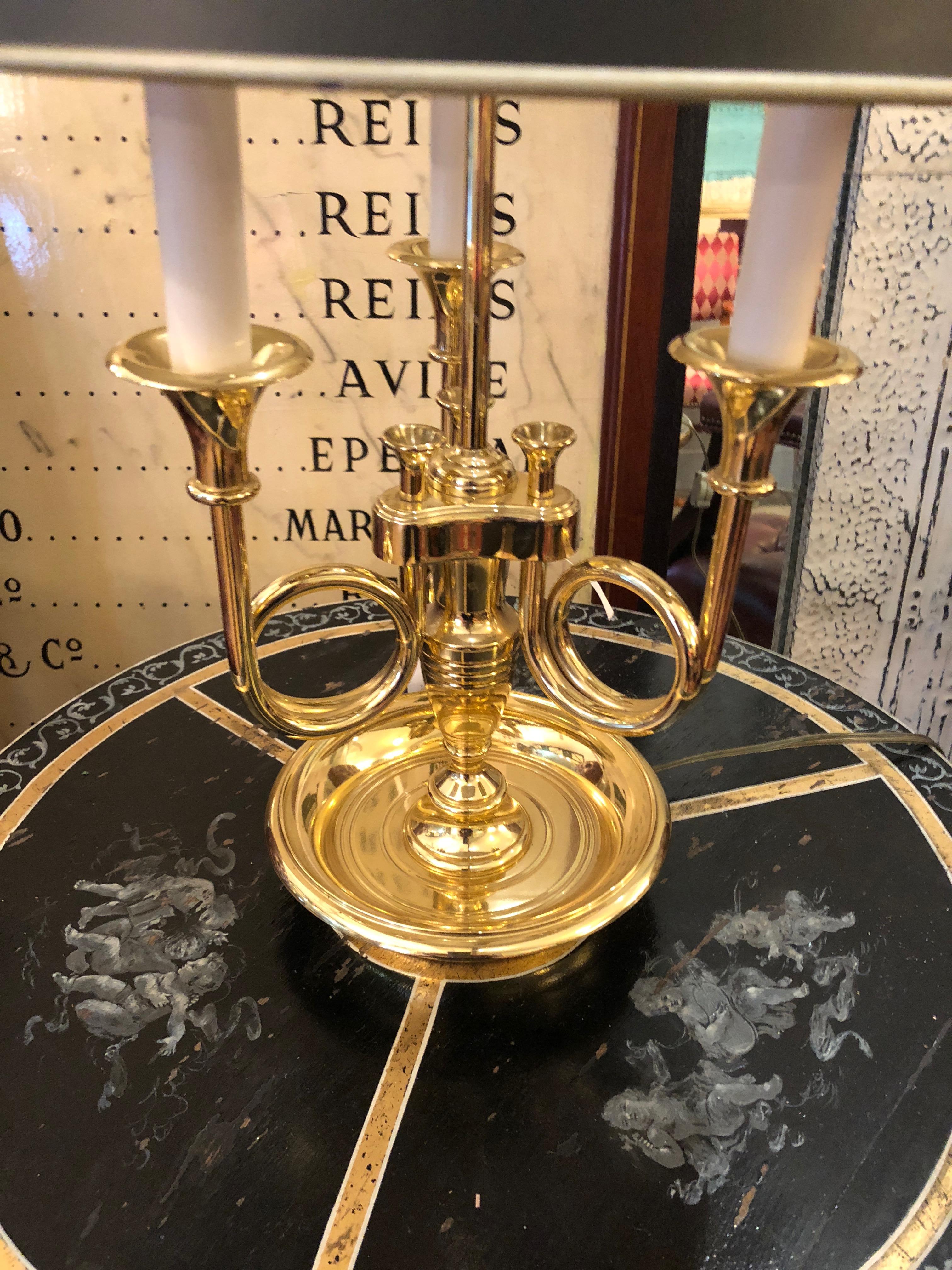 Classic 3 Arm Brass French Horn Style Table Lamp by Baldwin In Excellent Condition In Hopewell, NJ