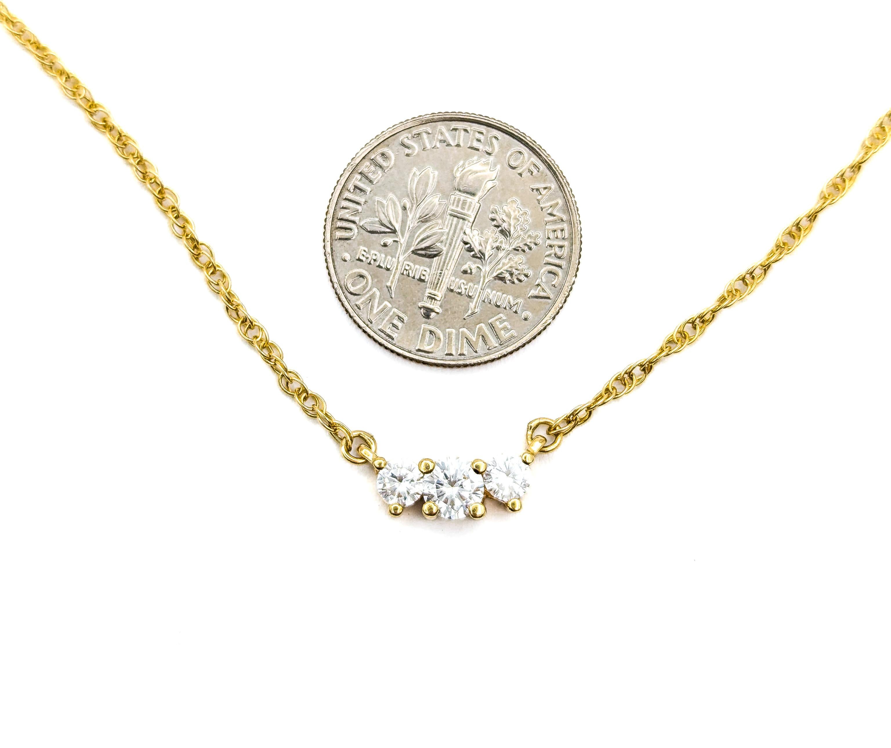 Classic 3 Stone Diamond Station Pendant Necklace in Yellow Gold

Introducing this exquisite past, present, future necklace, masterfully crafted in 14k yellow gold. The centerpiece of this elegant piece is a trio of round cut diamonds, totaling