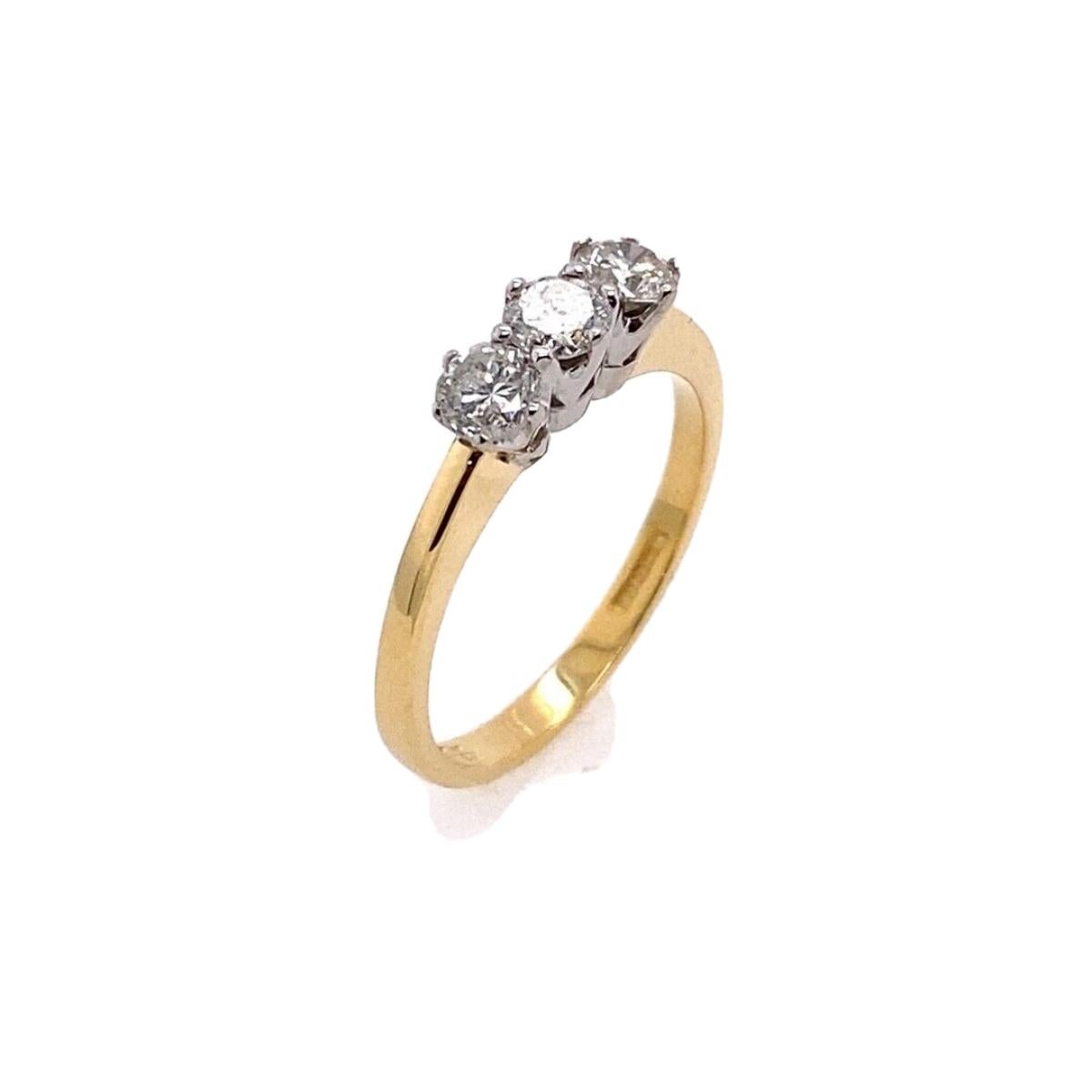 Round Cut Classic 3-Stone Trilogy Ring, Set with 3-Diamonds 0.75ct in 18ct Yellow Gold For Sale