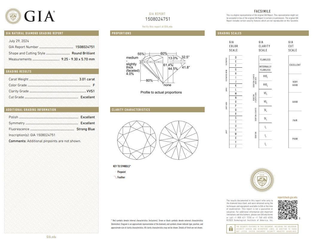 Classic 3.01ct Triple Excellent Ideal Cut Round-Shaped Diamond - GIA Certified

This stunning 3.01-carat round diamond offers an extraordinary triple excellent ideal cut, meaning it has received the highest grade for cut, polish, and symmetry.