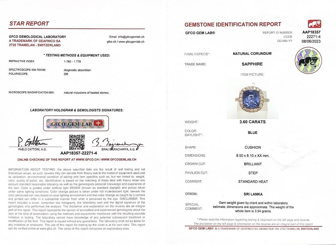 3,6 Karat Kornblumenblauer Saphir im Kissenschliff mit Halo-Diamanten 14K Weißgold Ring 9