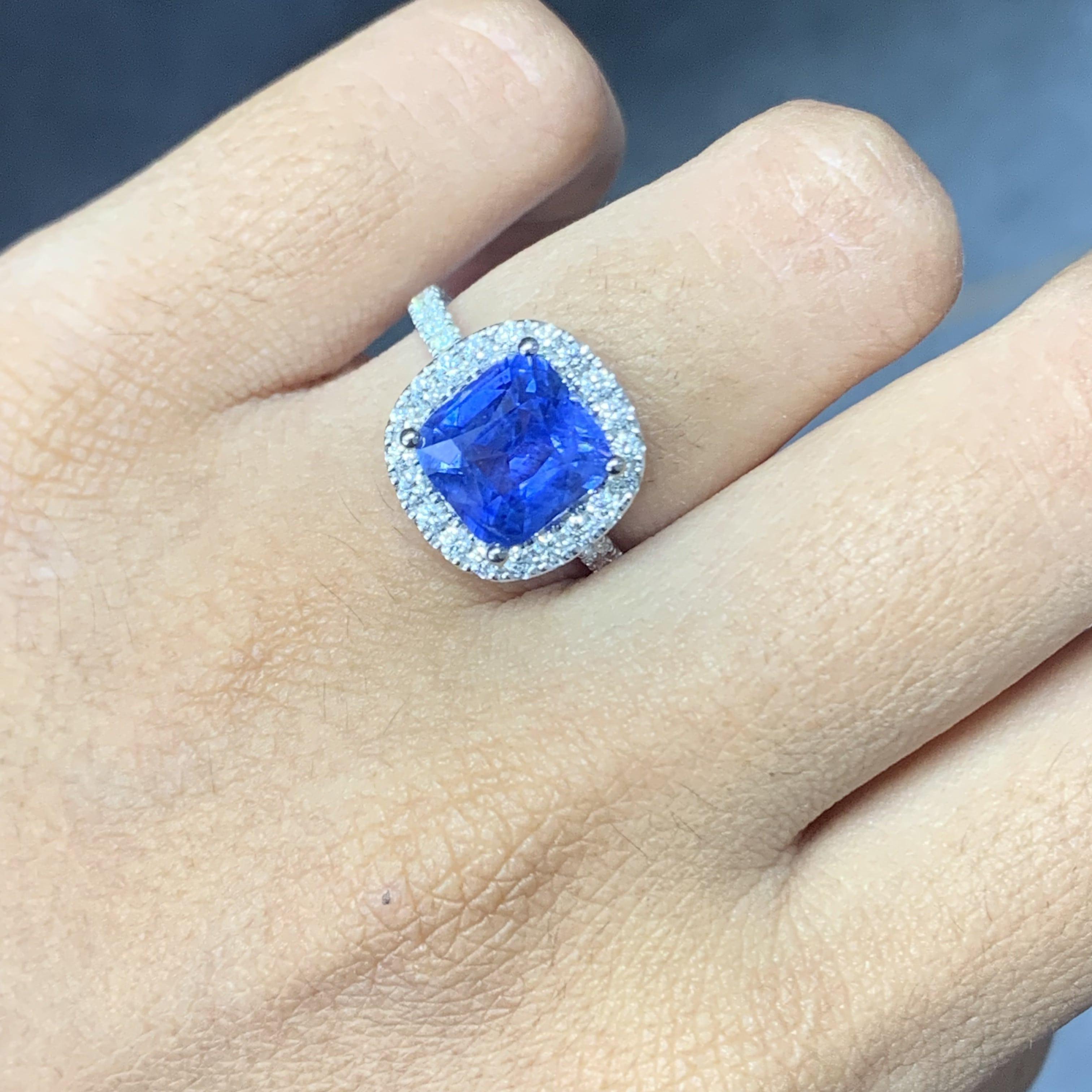 3,6 Karat Kornblumenblauer Saphir im Kissenschliff mit Halo-Diamanten 14K Weißgold Ring 7