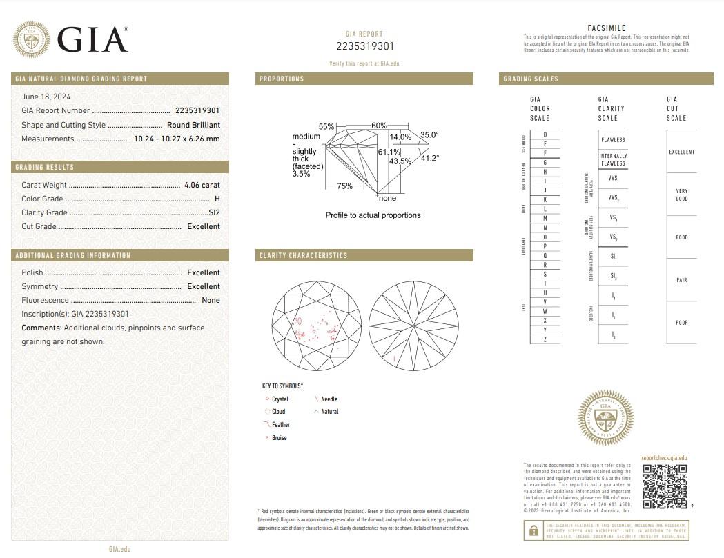 Classic 4.06ct Triple Excellent Ideal Cut Round Diamond - GIA Certified

Elevate your collection with this stunning 4.06-carat oval diamond, boasting a triple excellent cut for unmatched brilliance and sparkle. Certified by GIA, this exquisite stone